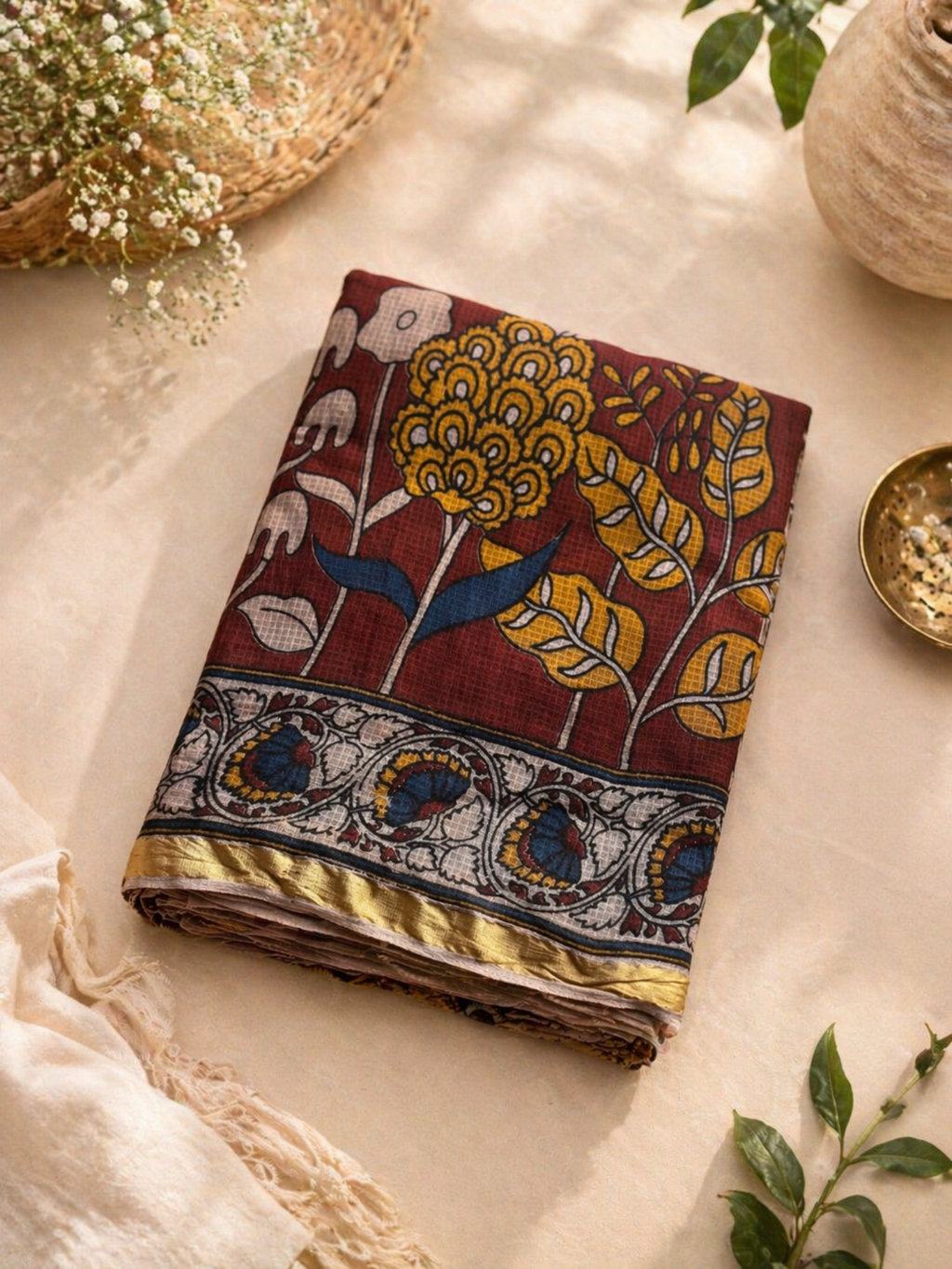 Maroon Kalamkari Cotton Saree