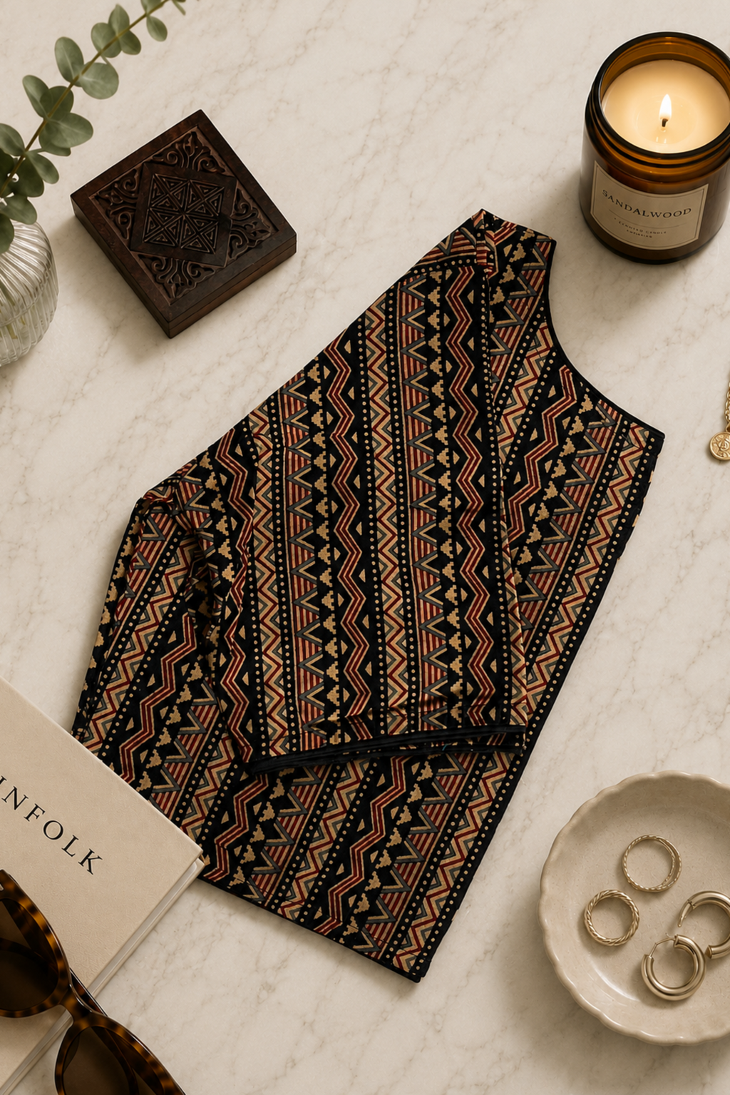 Black Geometric  Block Printed Cotton Blouse