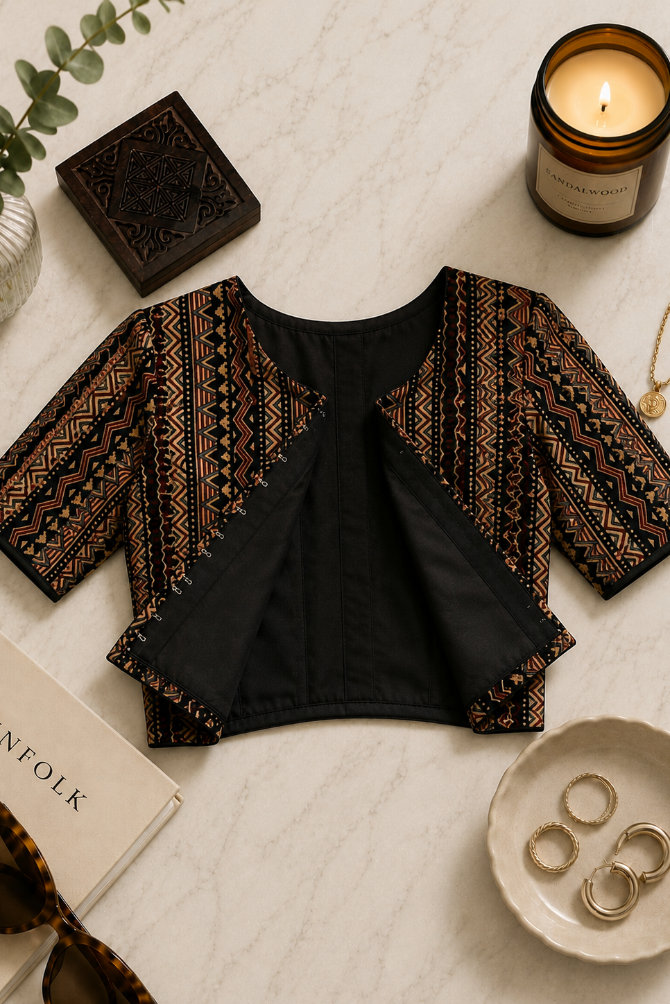 Black Geometric  Block Printed Cotton Blouse