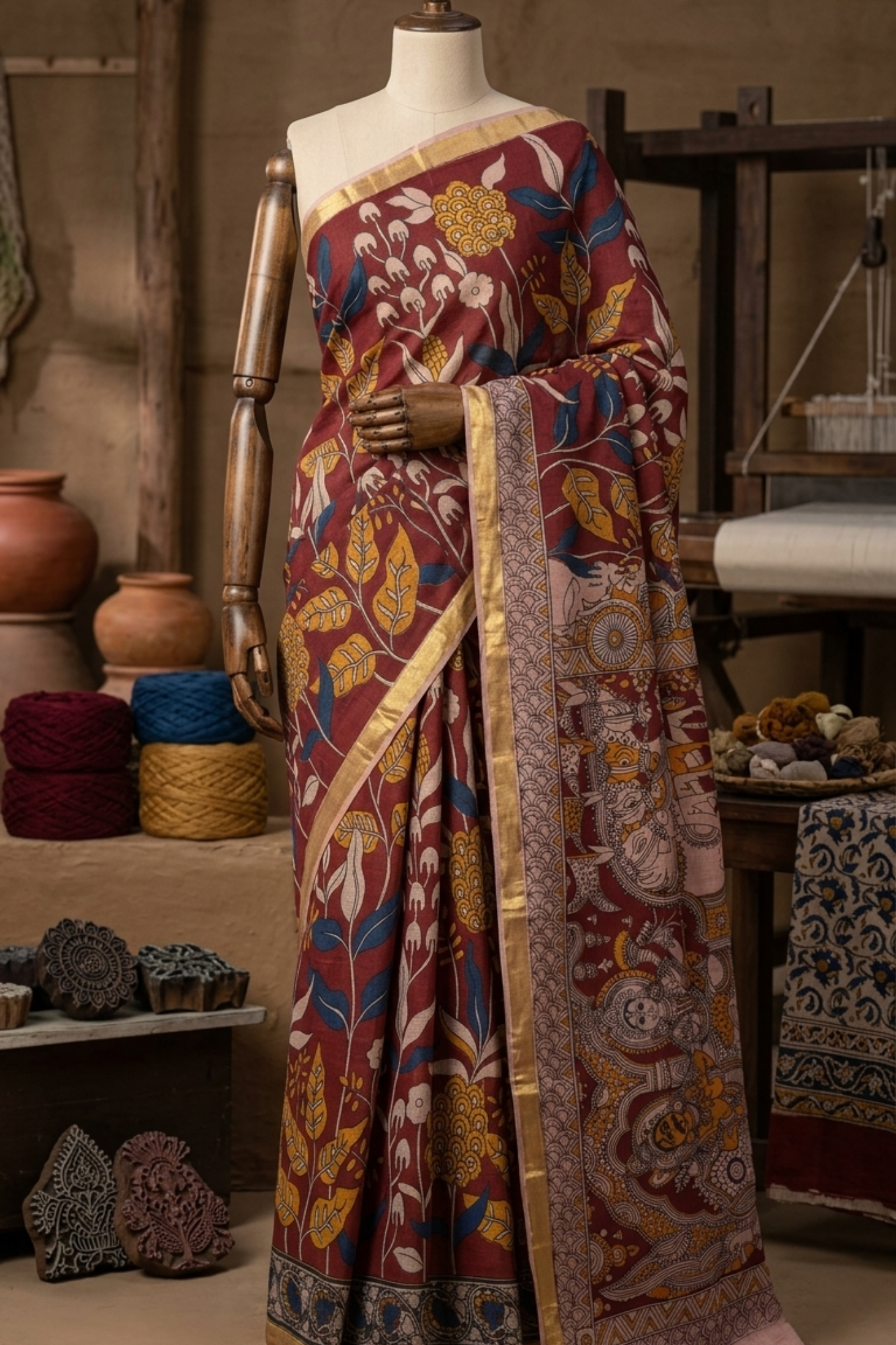 Maroon Kalamkari Cotton Saree