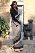 Beige Geometric Block Printed Mul Cotton Saree