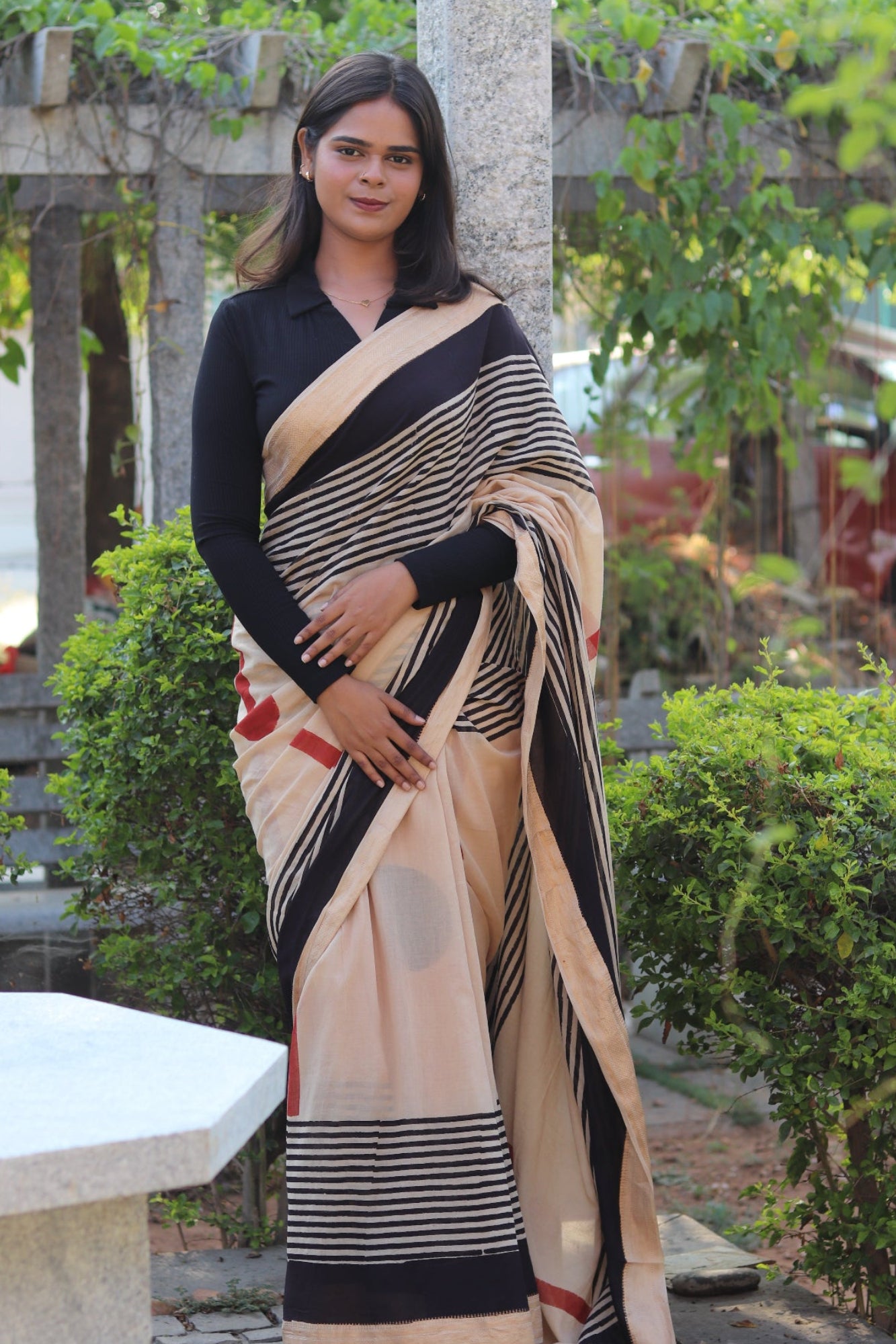 Beige Geometric Block Printed Mul Cotton Saree