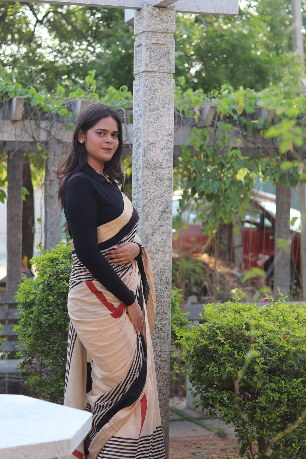 Beige Geometric Block Printed Mul Cotton Saree