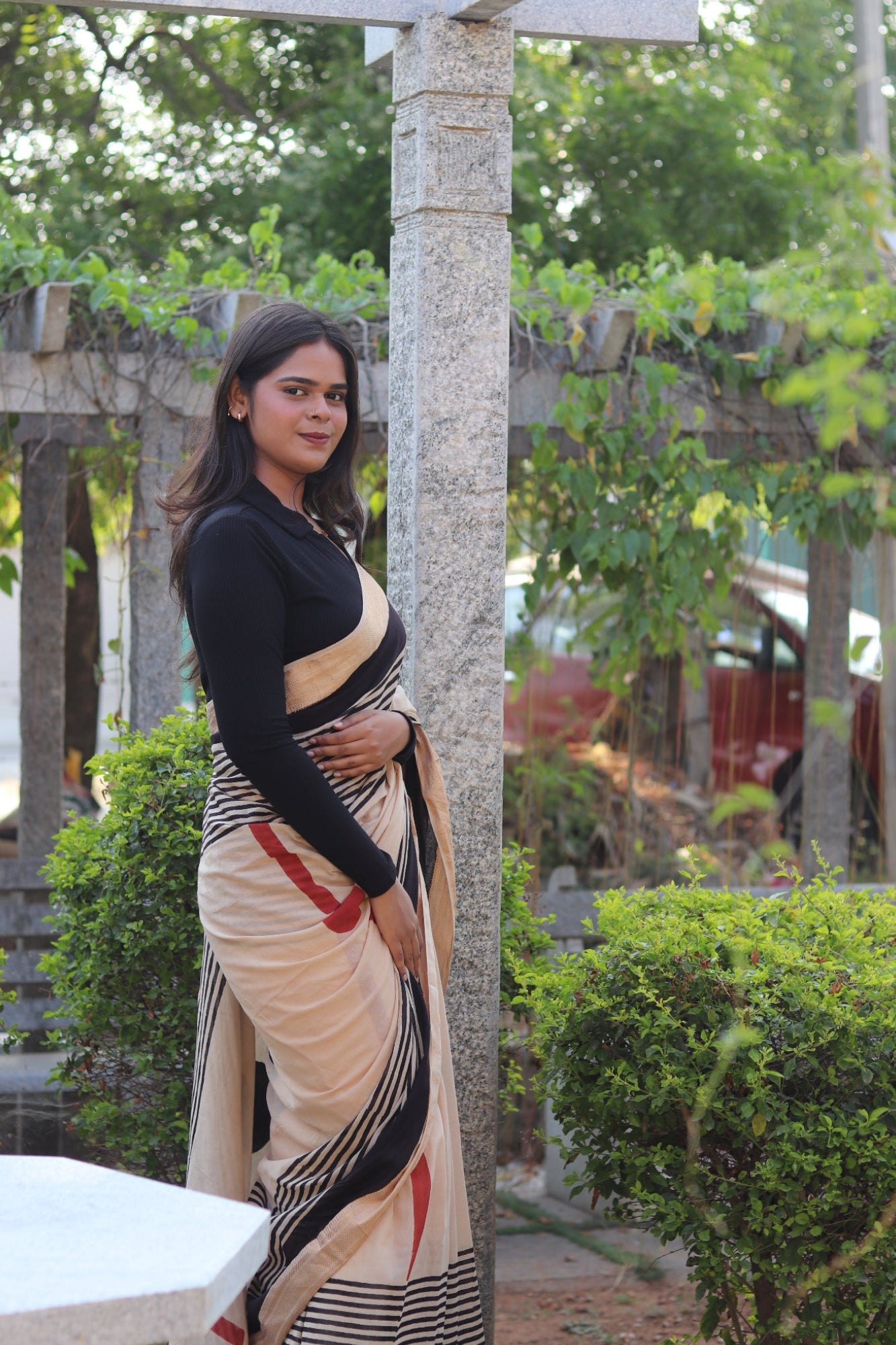 Beige Geometric Block Printed Mul Cotton Saree