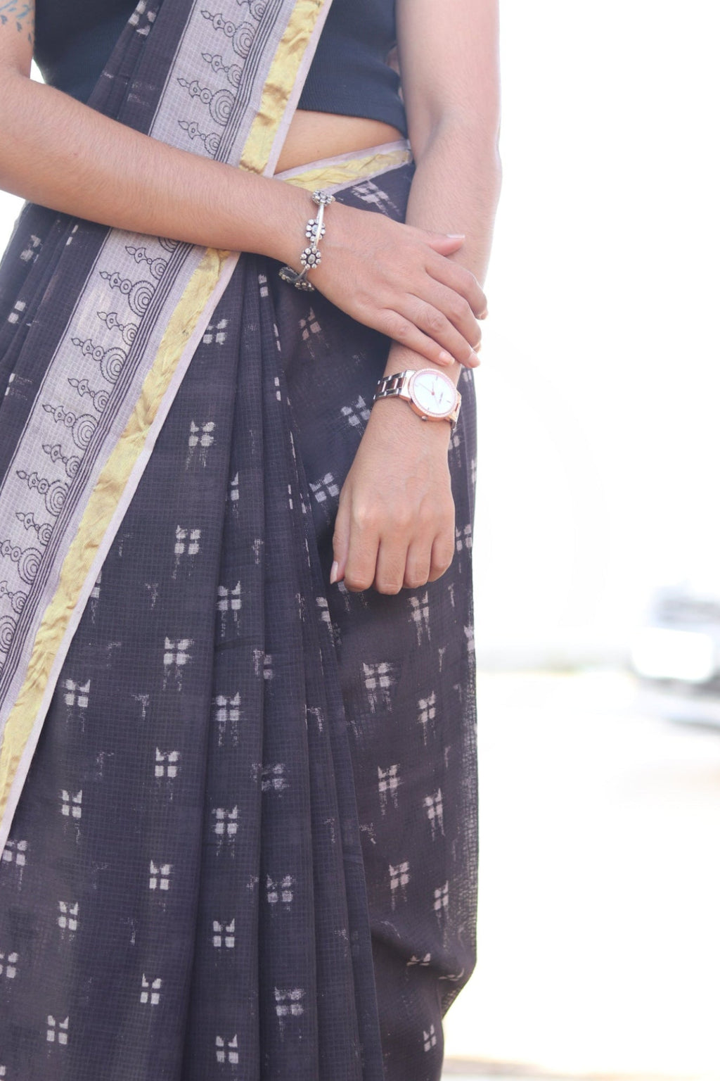 Black Kalamkari Cotton Saree with Gold Border and Artistic Pallu