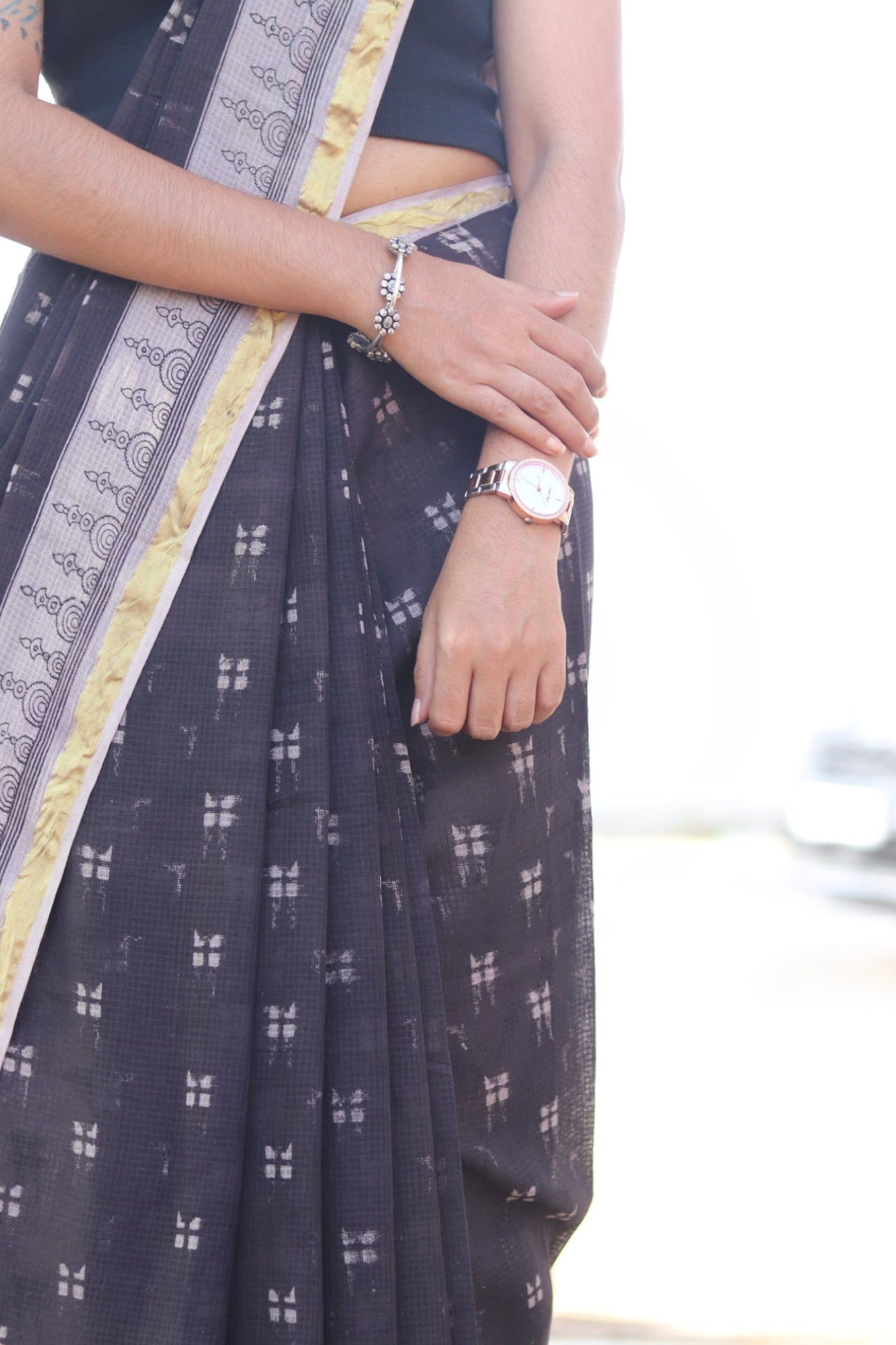 Black Kalamkari Cotton Saree with Gold Border and Artistic Pallu