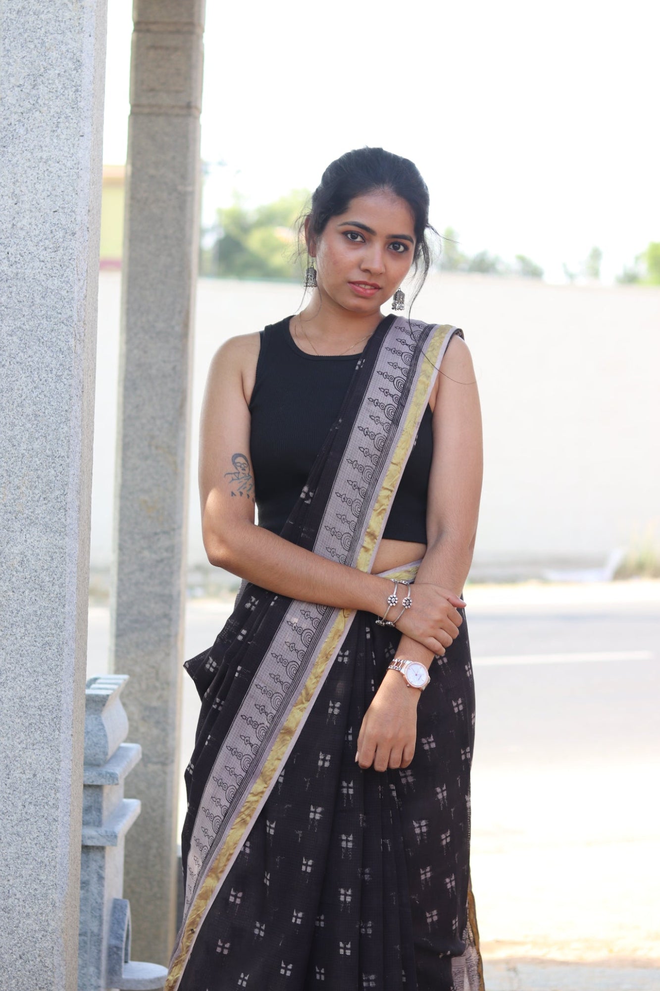 Black Kalamkari Cotton Saree with Gold Border and Artistic Pallu