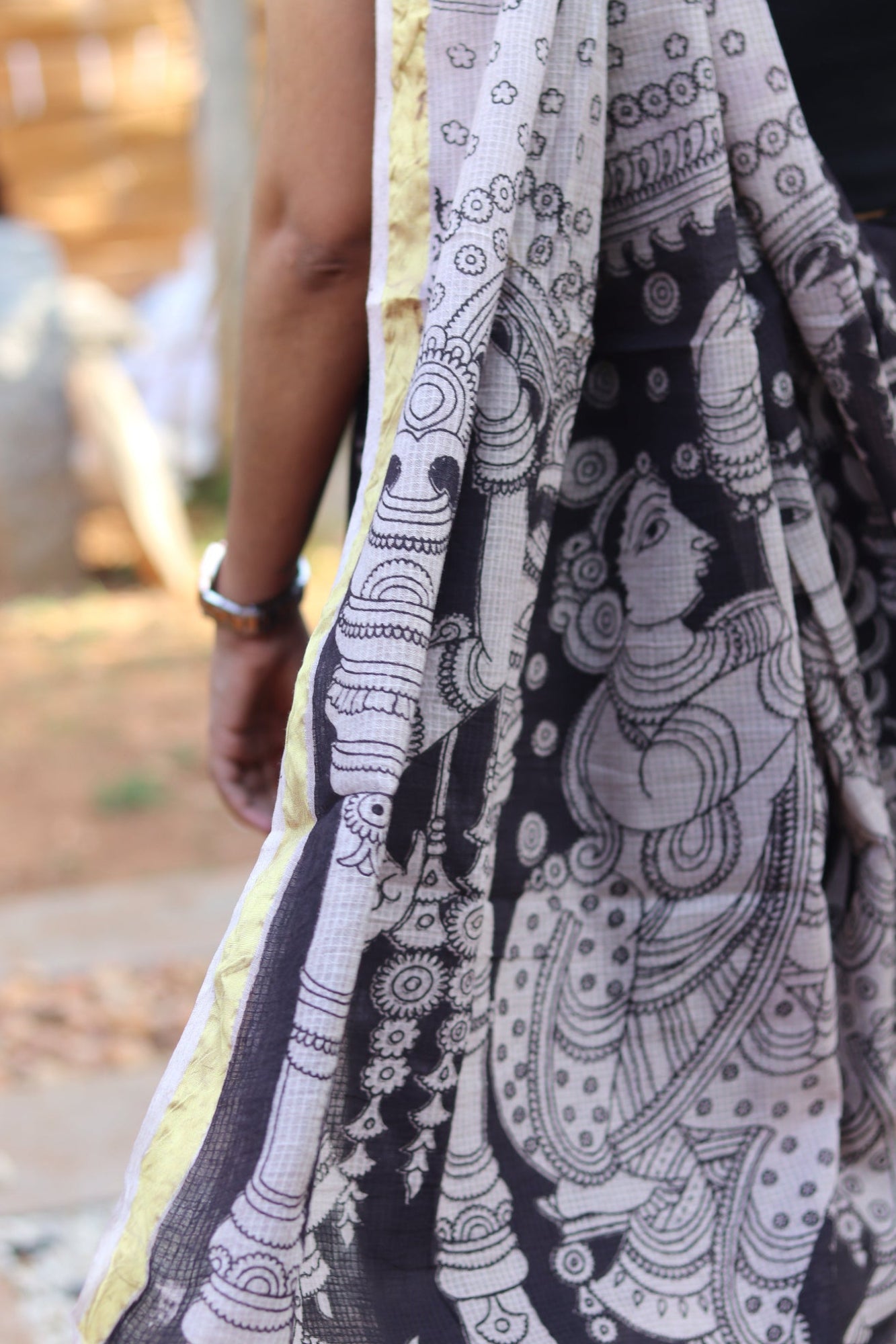 Black Kalamkari Cotton Saree with Gold Border and Artistic Pallu