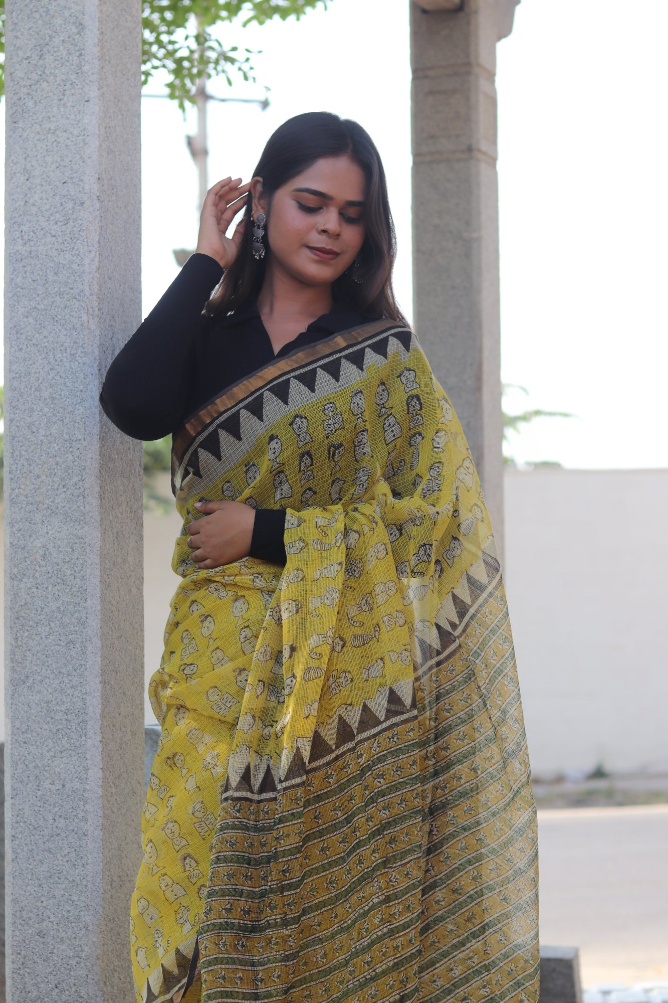 Yellow Block Printed Kota Doria Saree