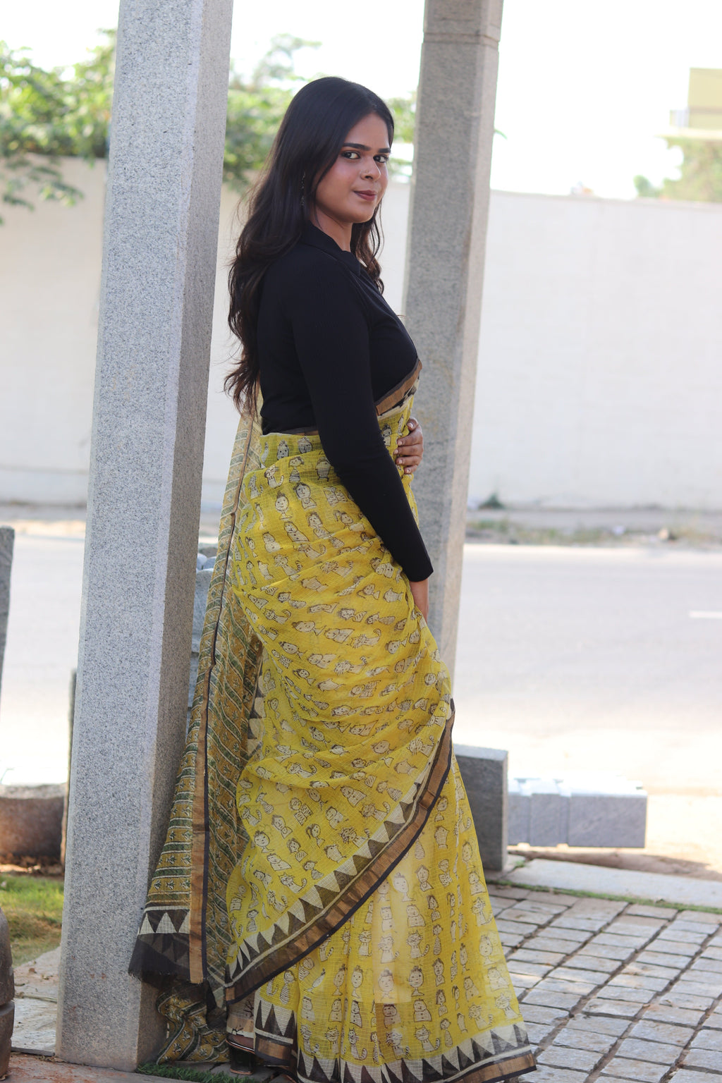 Yellow Block Printed Kota Doria Saree