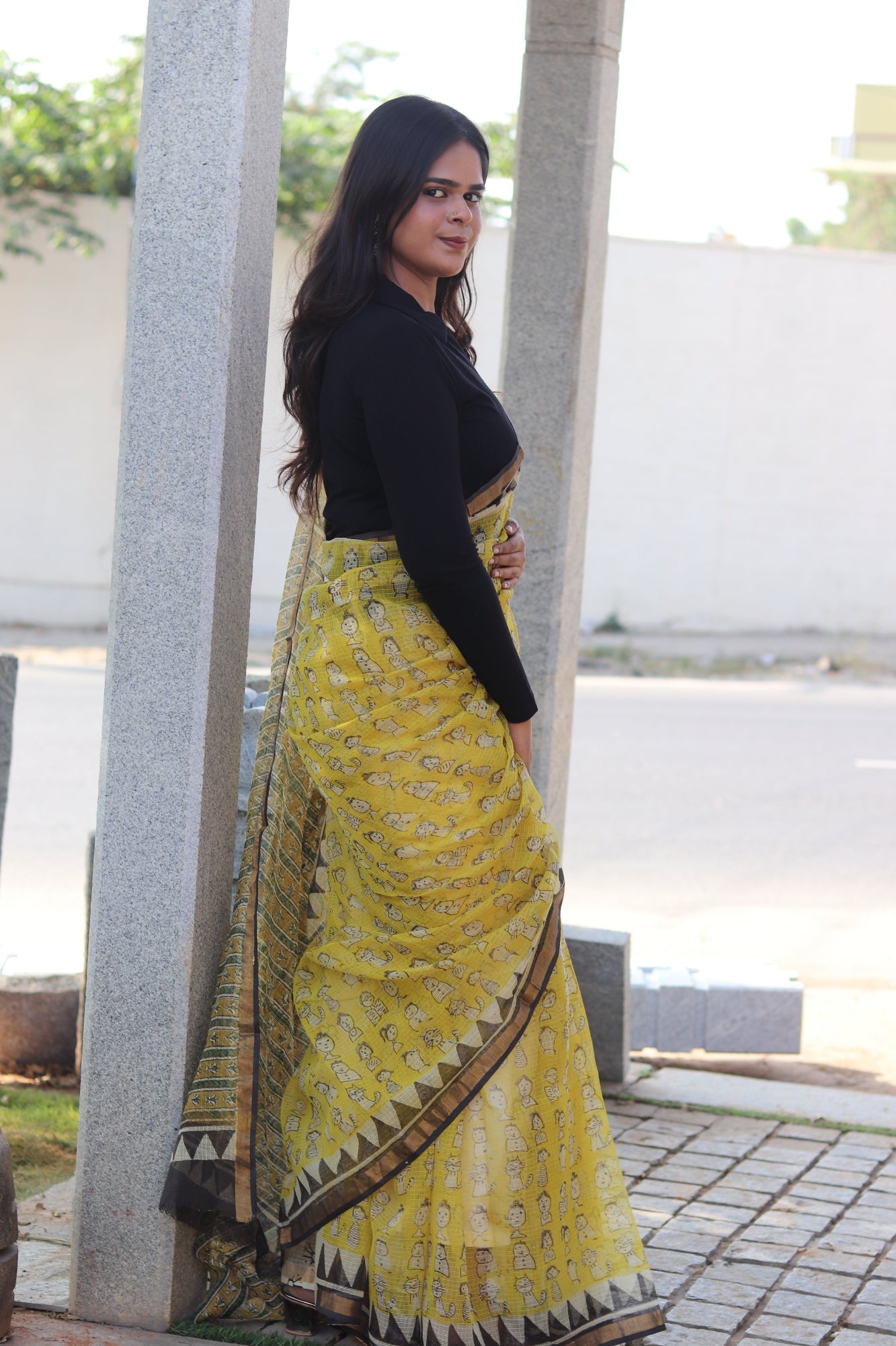 Yellow Block Printed Kota Doria Saree