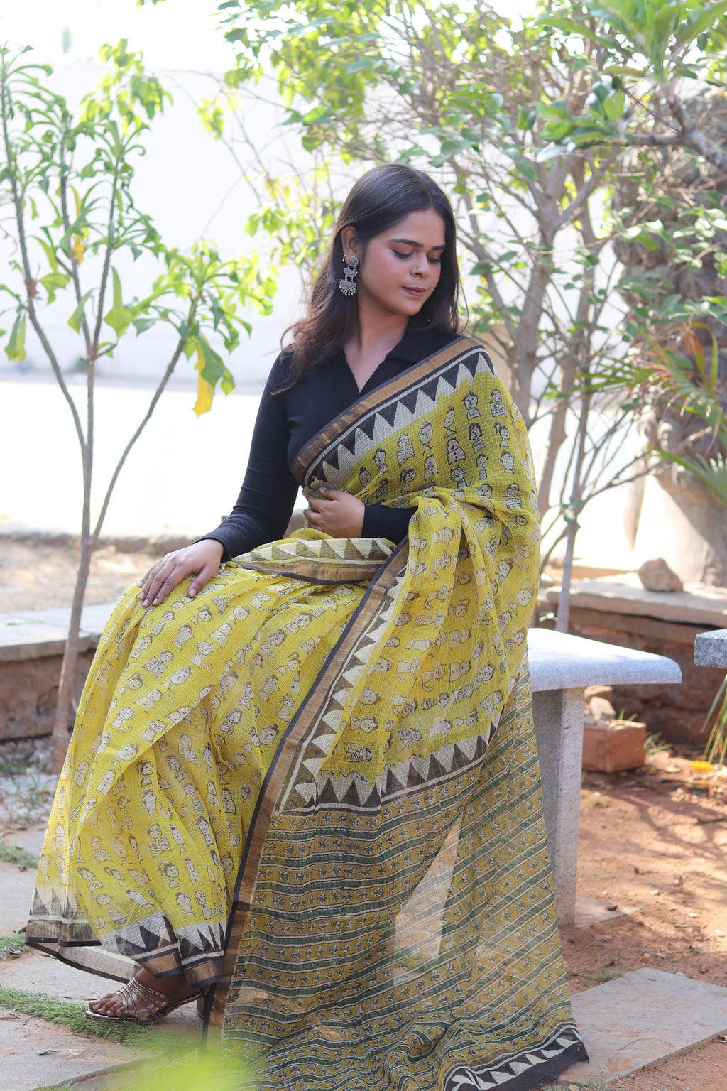 Yellow Block Printed Kota Doria Saree