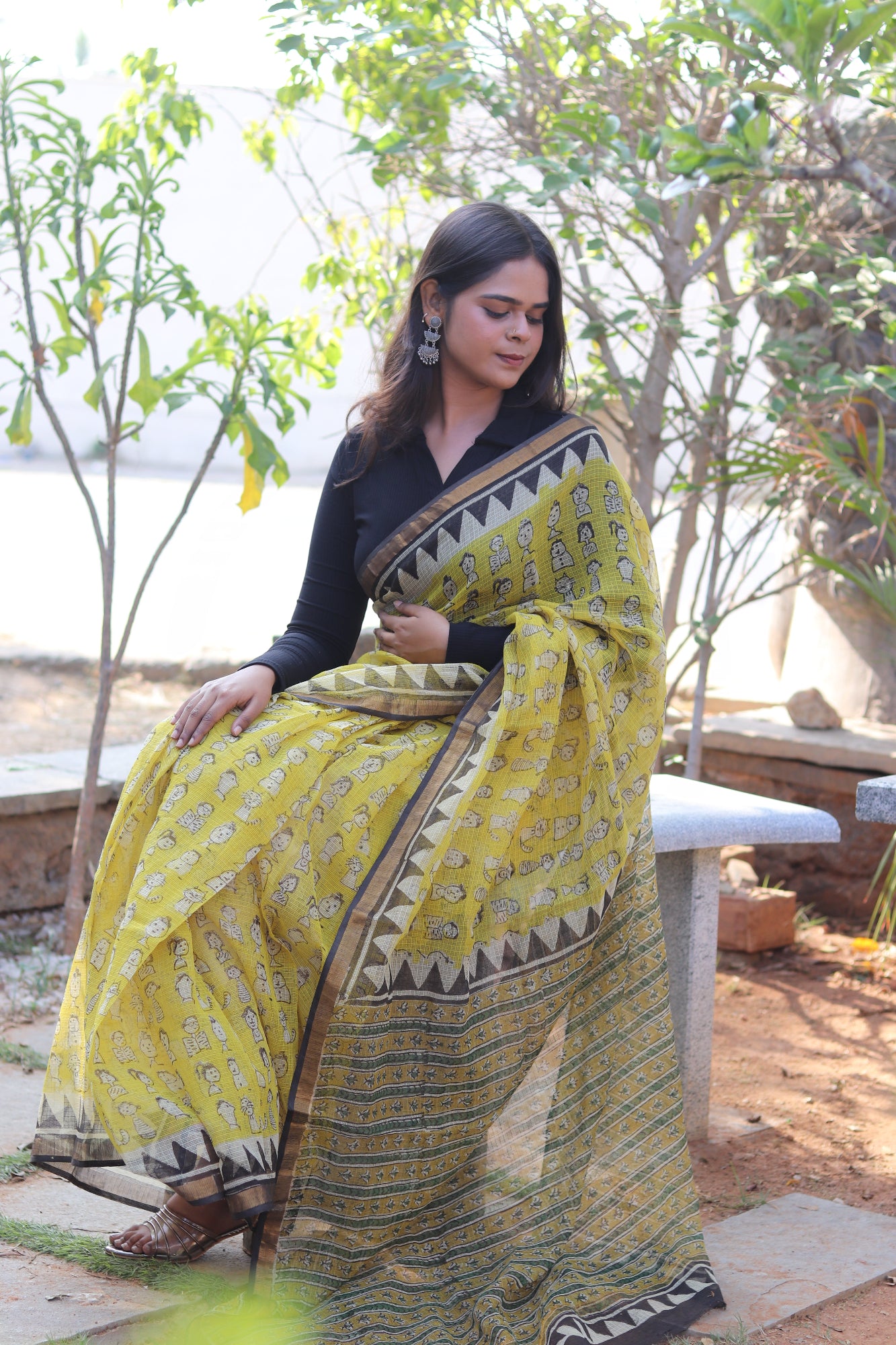 Yellow Block Printed Kota Doria Saree