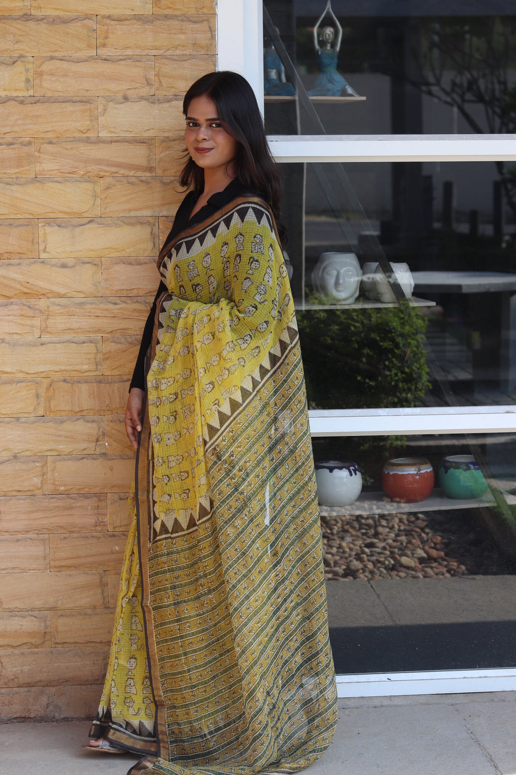 Yellow Block Printed Kota Doria Saree