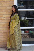 Yellow Block Printed Kota Doria Saree