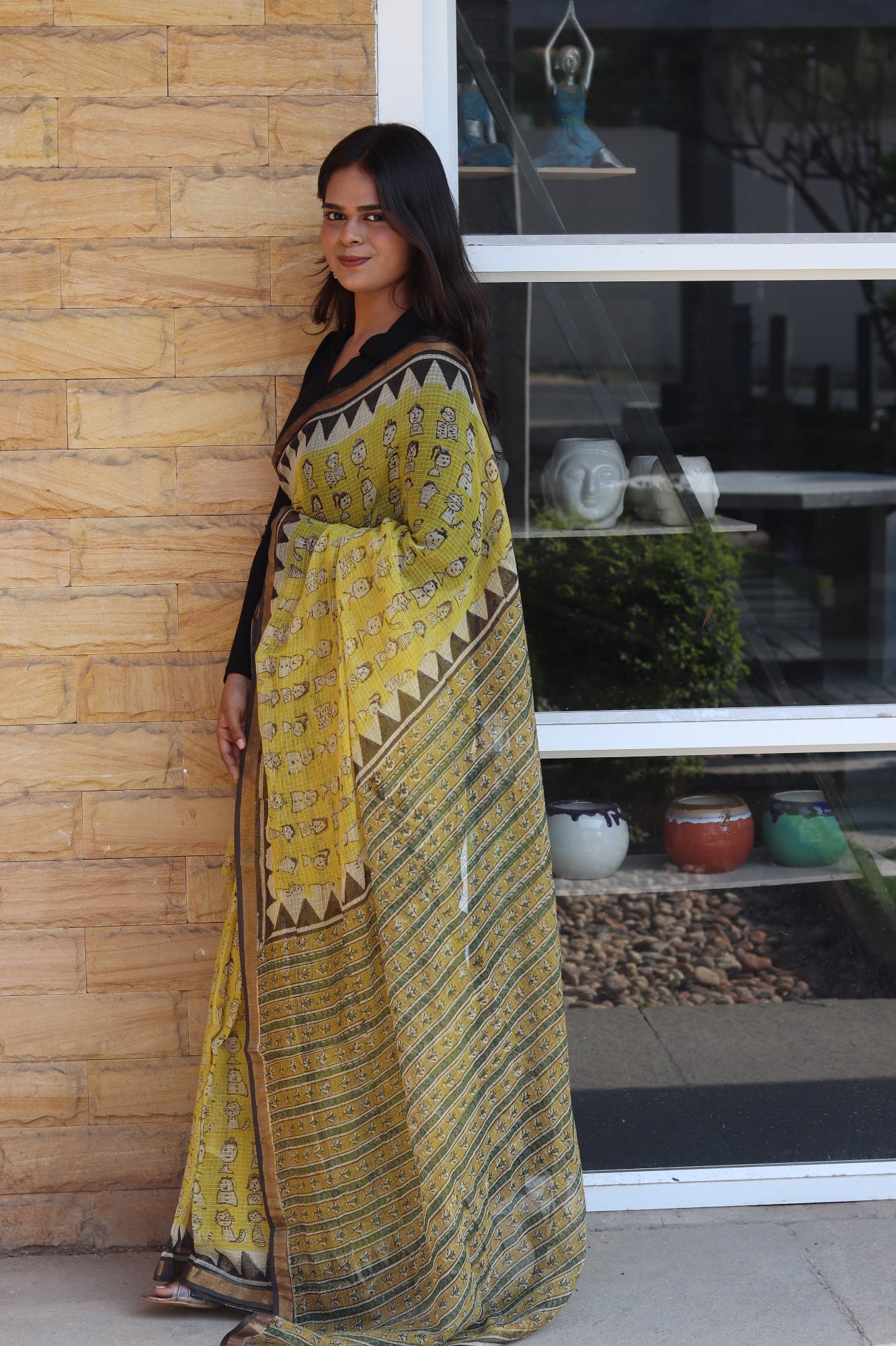 Yellow Block Printed Kota Doria Saree