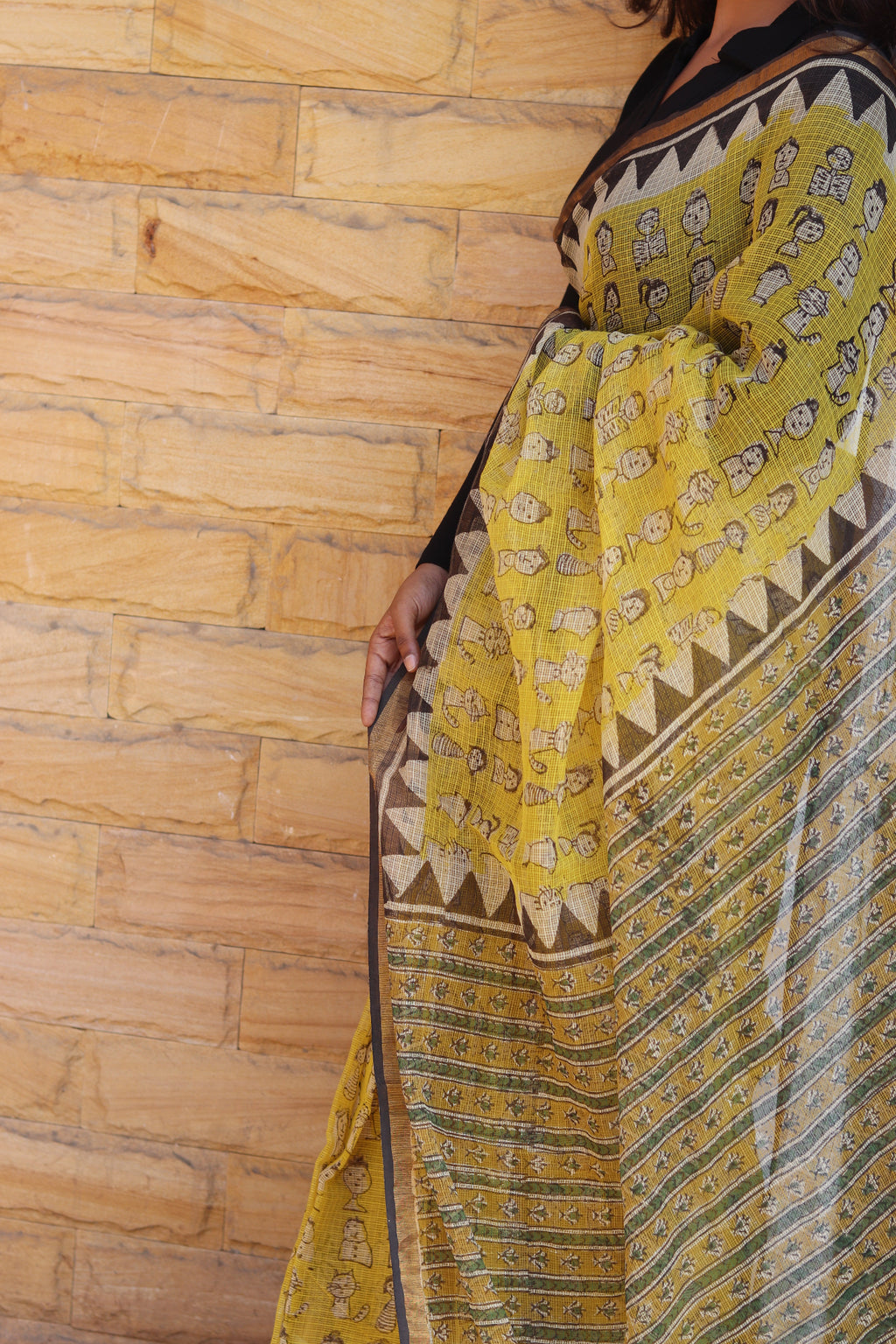 Yellow Block Printed Kota Doria Saree