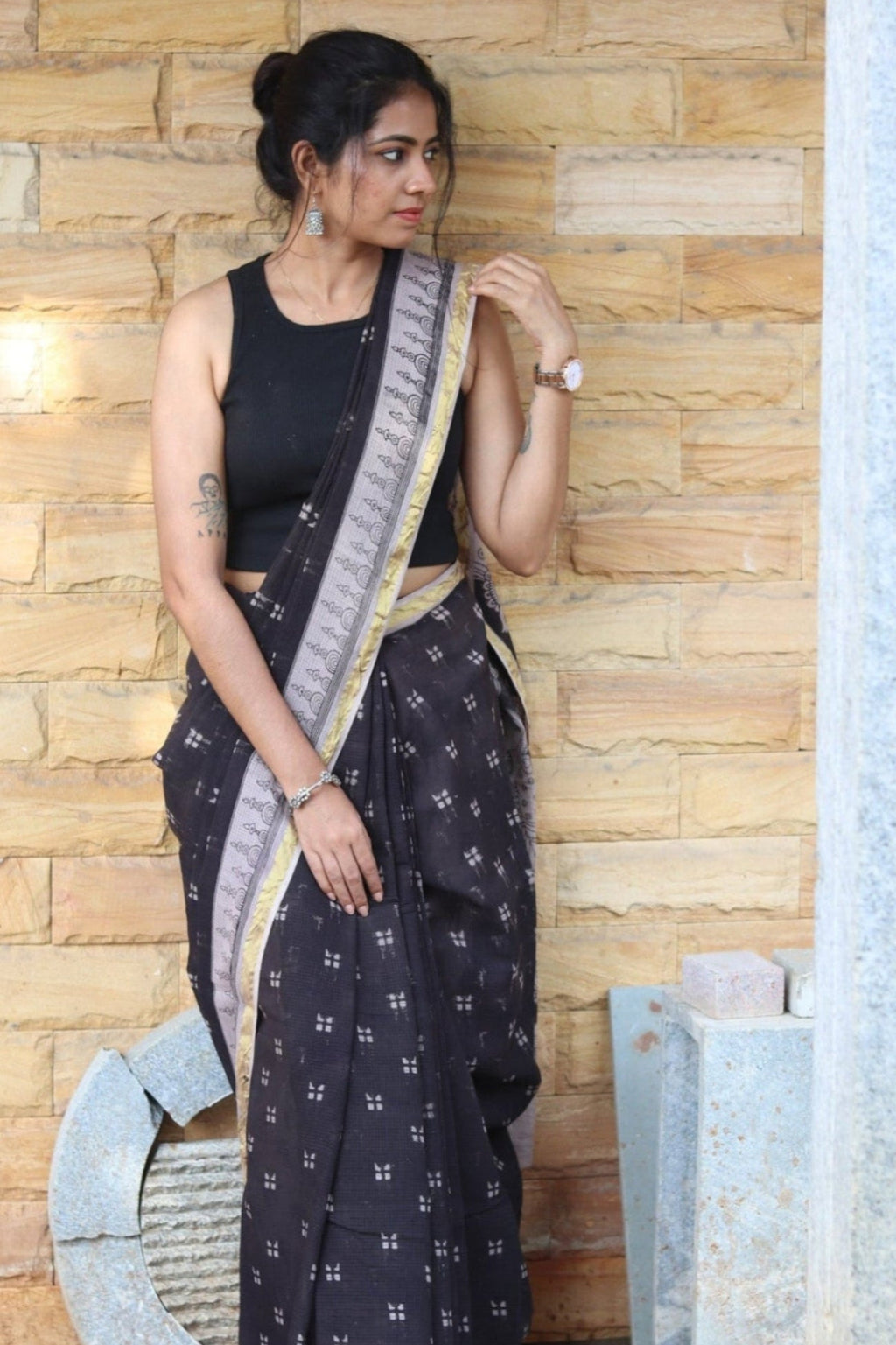 Black Kalamkari Cotton Saree with Gold Border and Artistic Pallu