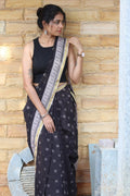 Black Kalamkari Cotton Saree with Gold Border and Artistic Pallu