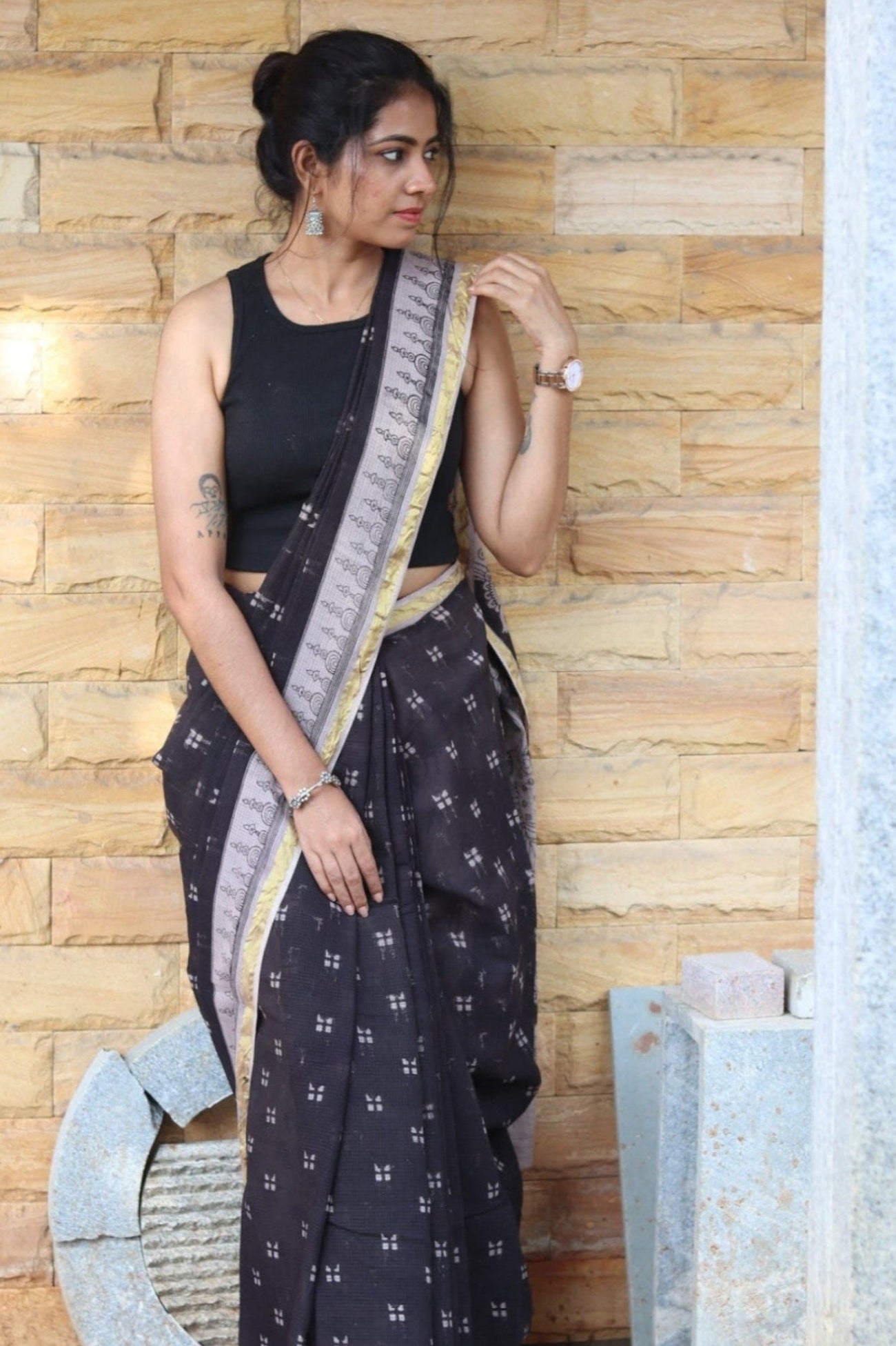 Black Kalamkari Cotton Saree with Gold Border and Artistic Pallu