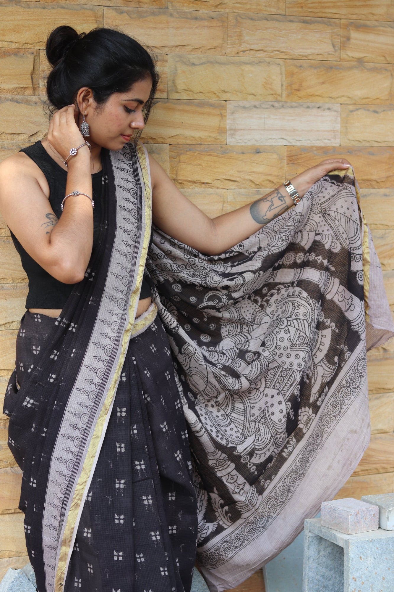 Black Kalamkari Cotton Saree with Gold Border and Artistic Pallu