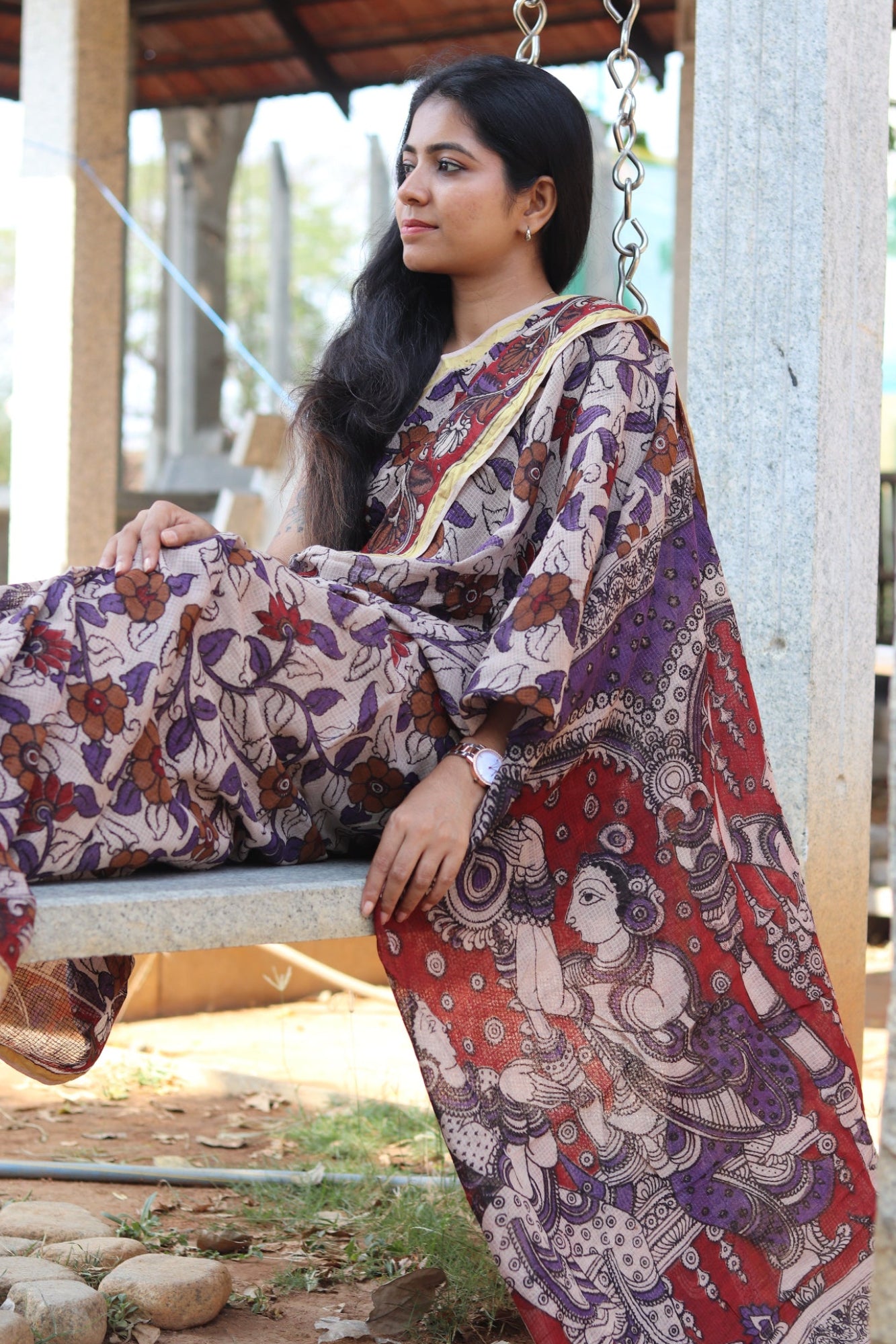 Beige Kalamkari Cotton Saree