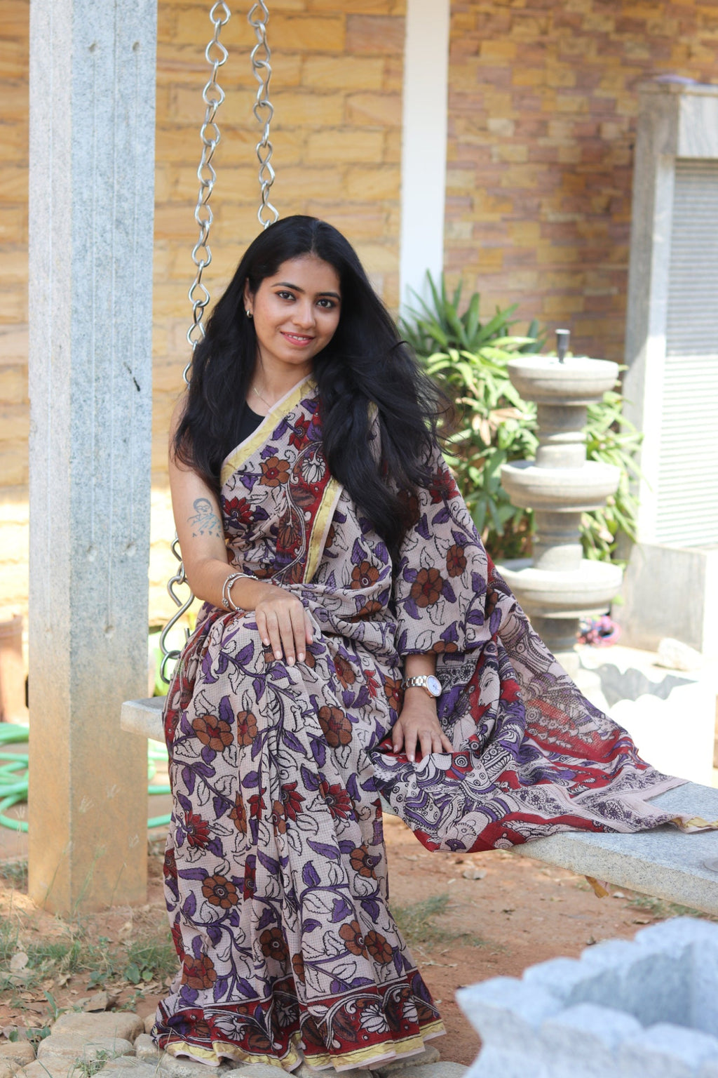Beige Kalamkari Cotton Saree