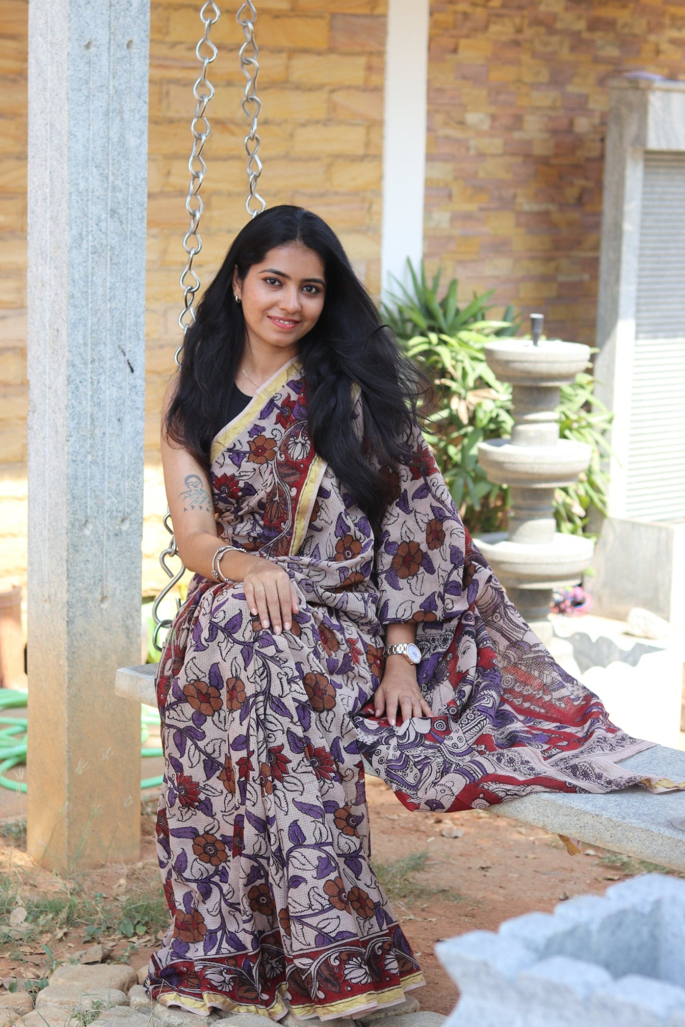 Beige Kalamkari Cotton Saree