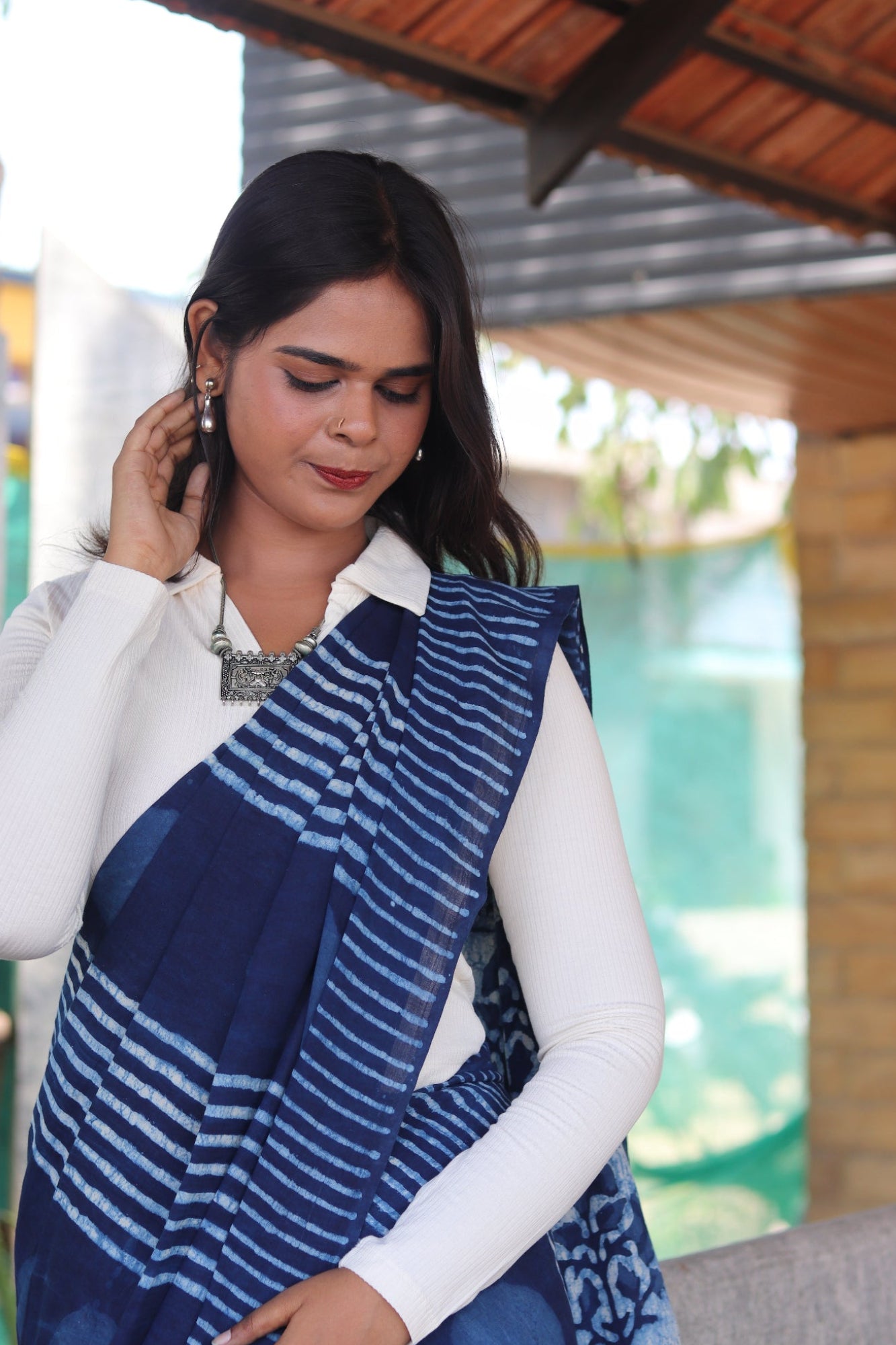 Indigo Orbit Hand-Blocked Dabu Saree