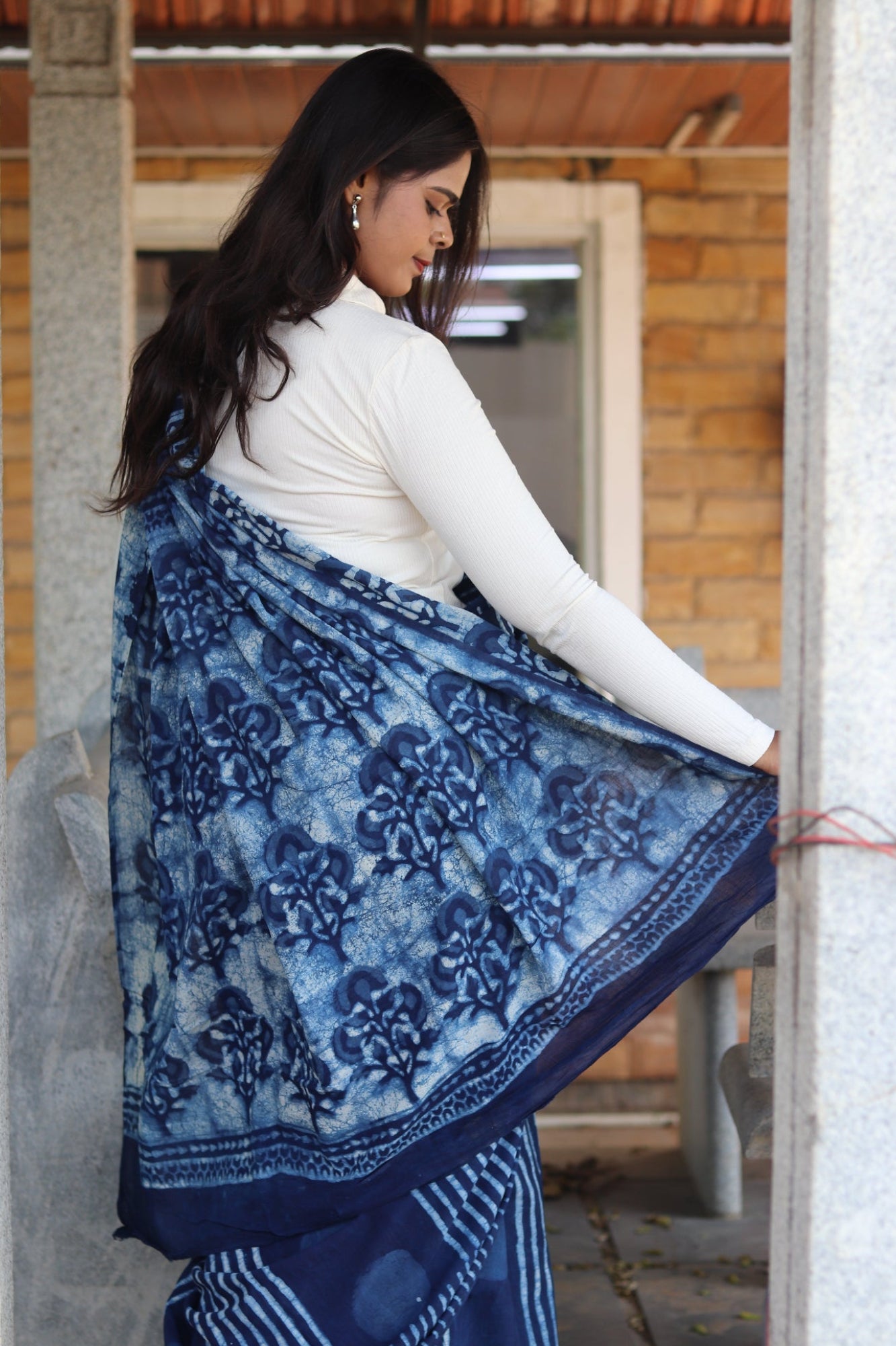 Indigo Orbit Hand-Blocked Dabu Saree