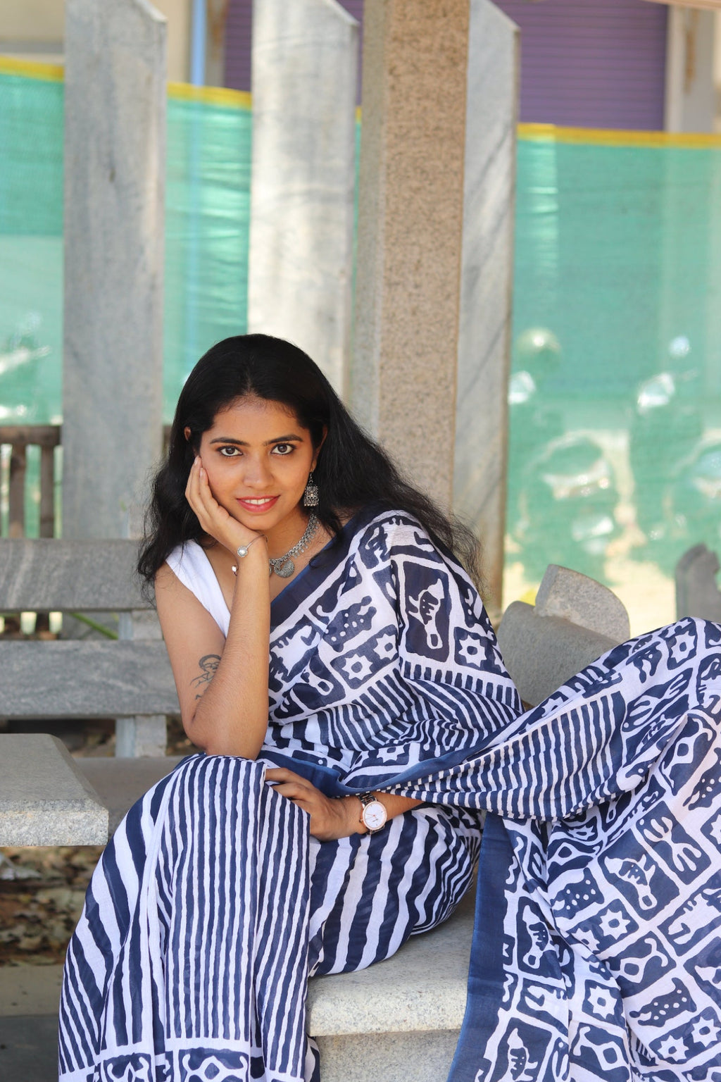 Ivory Tribal Block Printed Cotton Saree