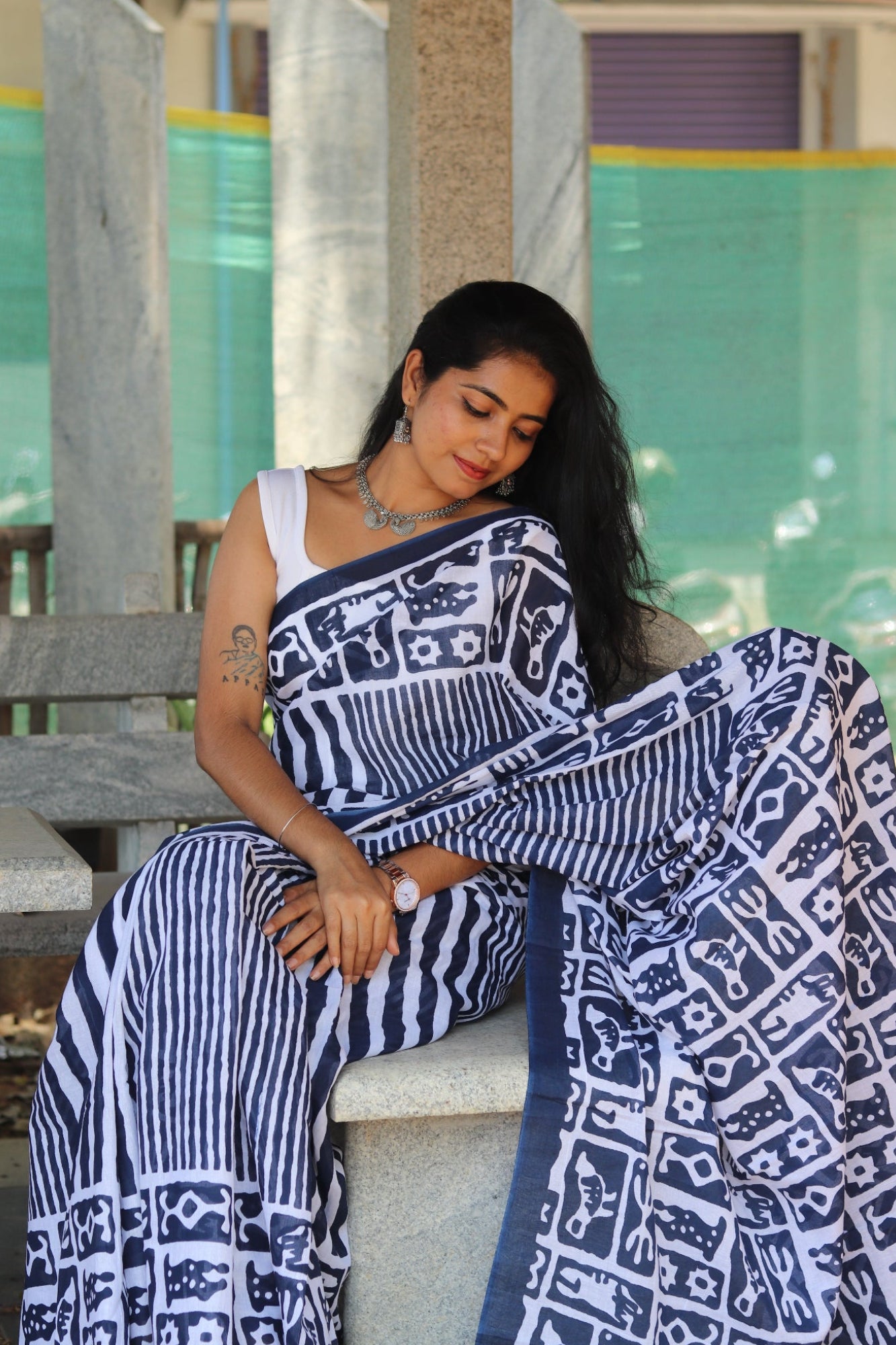 Ivory Tribal Block Printed Cotton Saree
