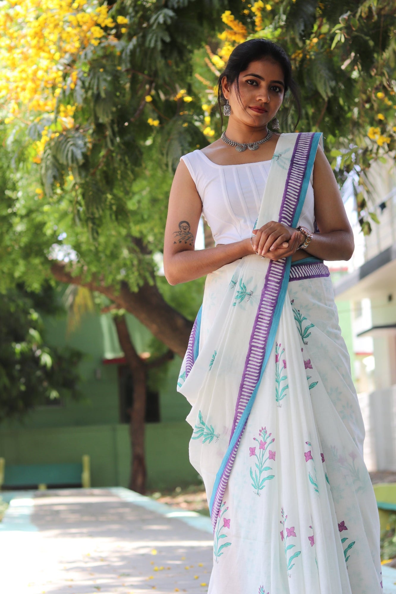 White Mulmul Cotton Saree with Lavender Floral Hand-Prints