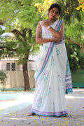 White Mulmul Cotton Saree with Lavender Floral Hand-Prints