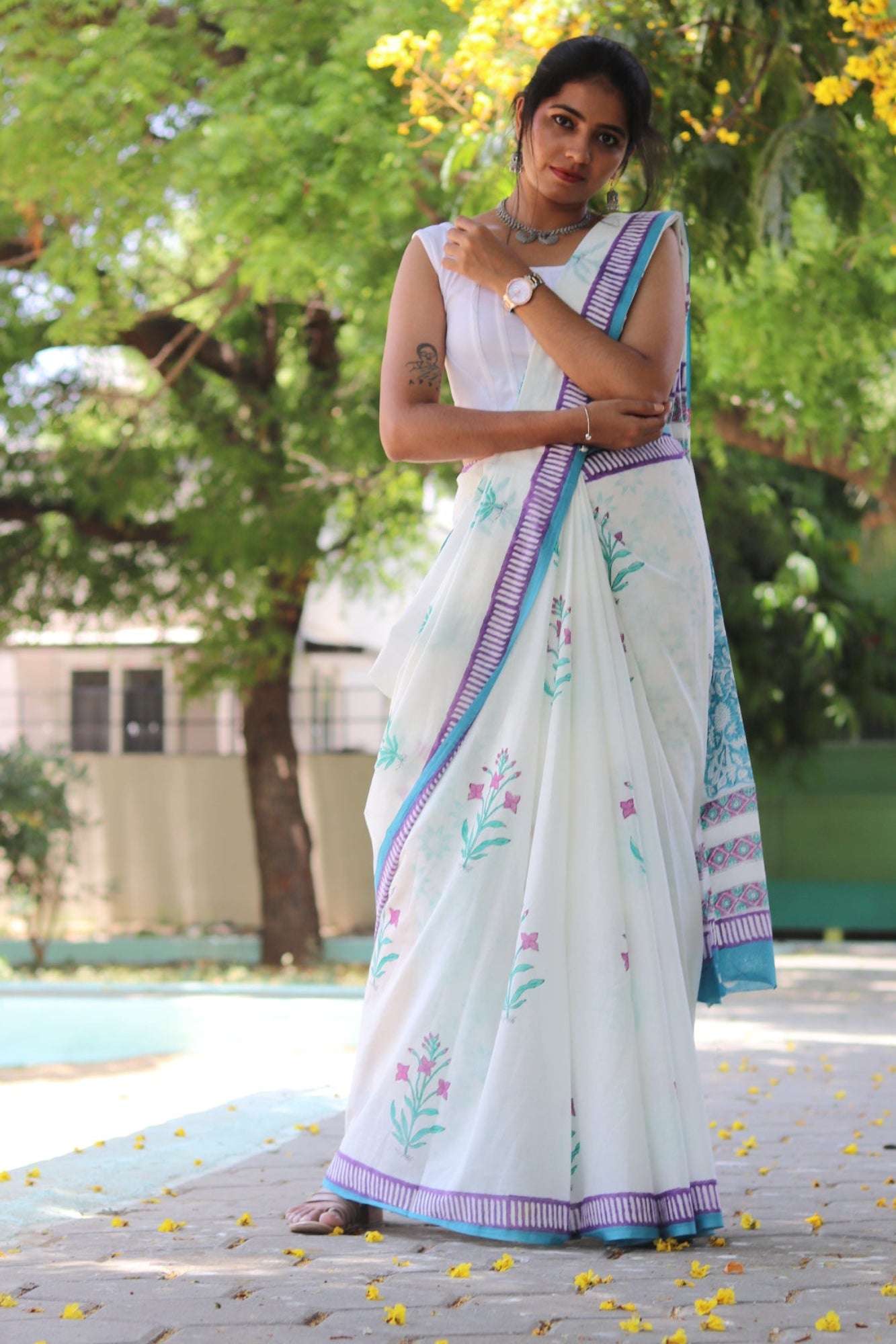 White Mulmul Cotton Saree with Lavender Floral Hand-Prints