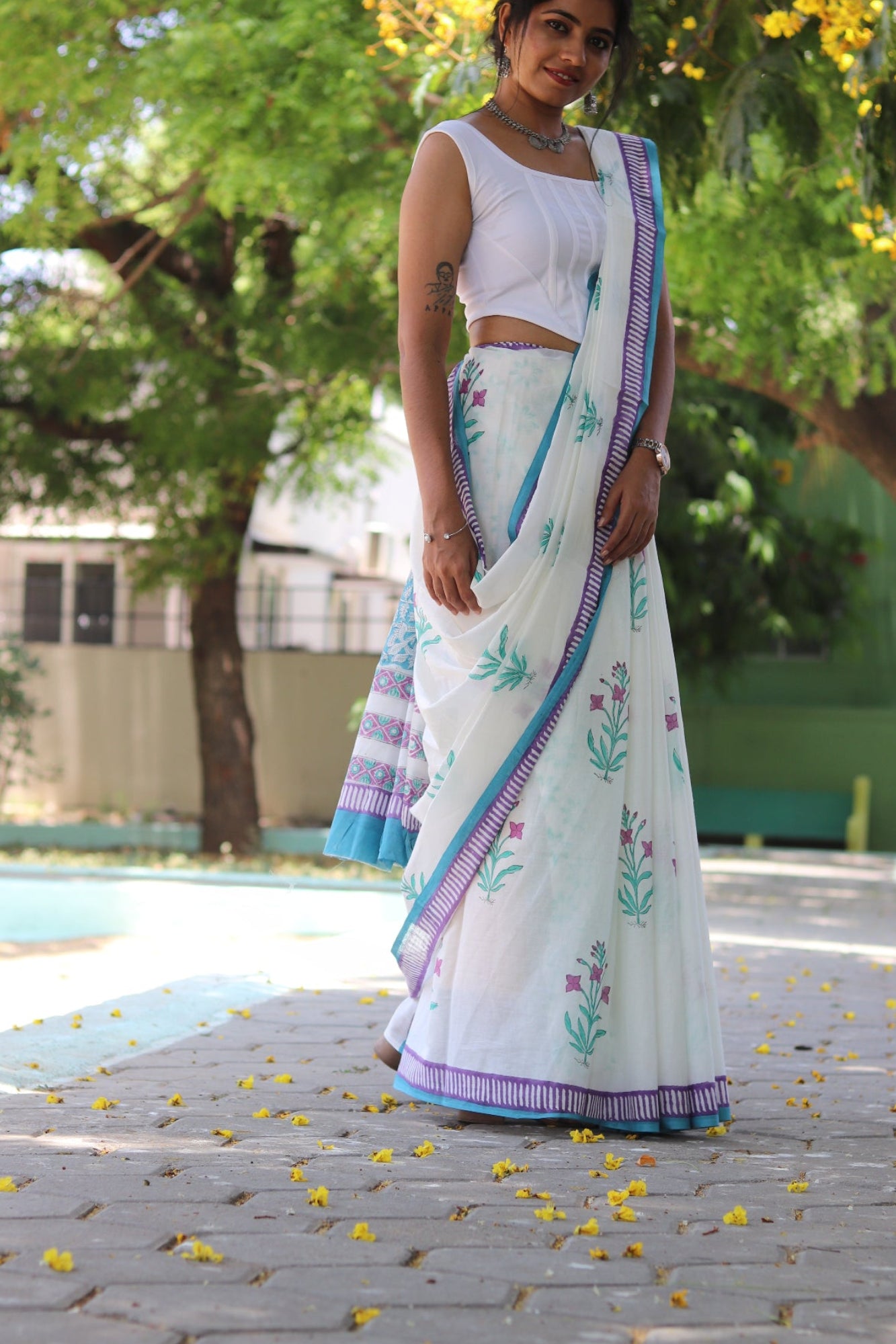 White Mulmul Cotton Saree with Lavender Floral Hand-Prints