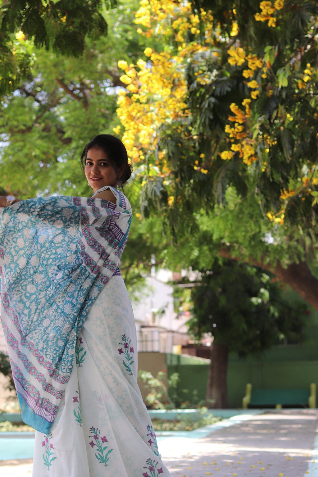 White Mulmul Cotton Saree with Lavender Floral Hand-Prints