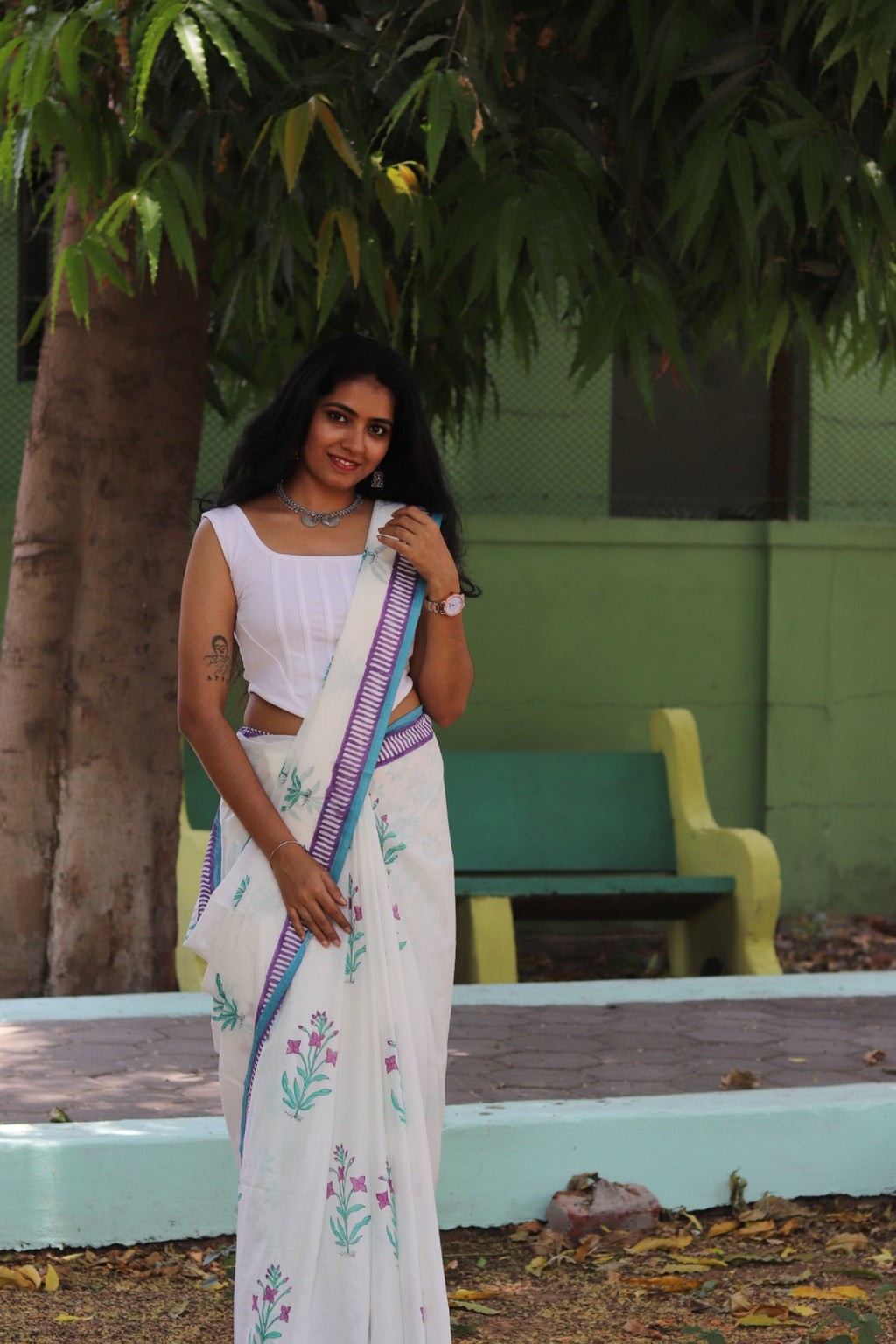 White Mulmul Cotton Saree with Lavender Floral Hand-Prints