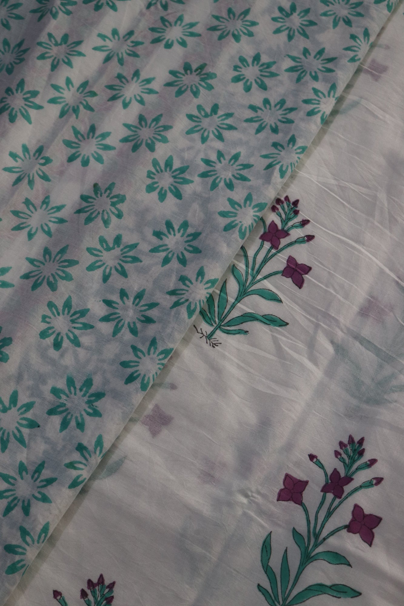 White Mulmul Cotton Saree with Lavender Floral Hand-Prints