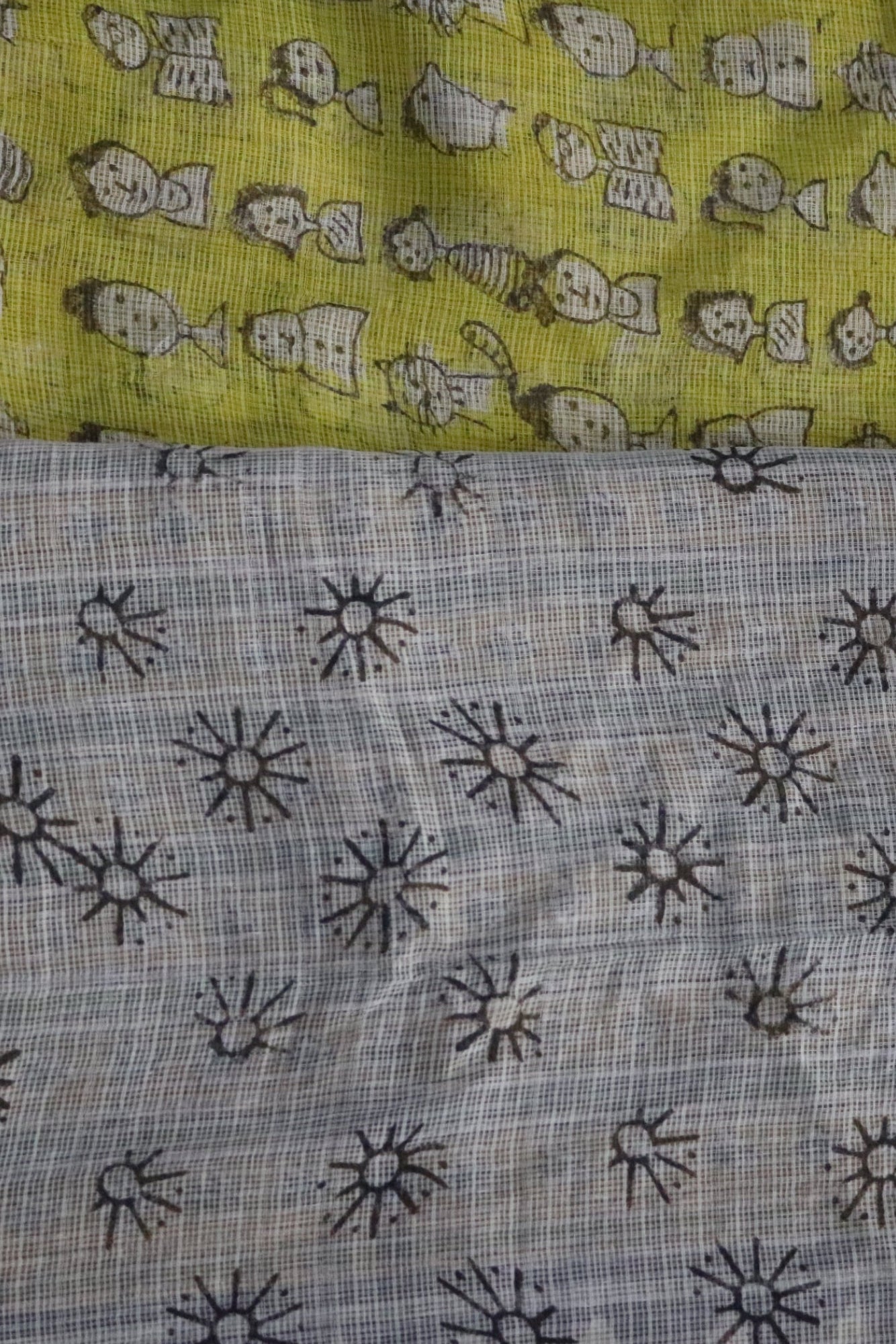 Yellow Block Printed Kota Doria Saree