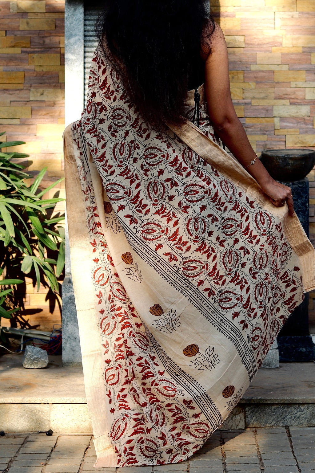 Beige Kalamkari Block Printed Mul Cotton Saree