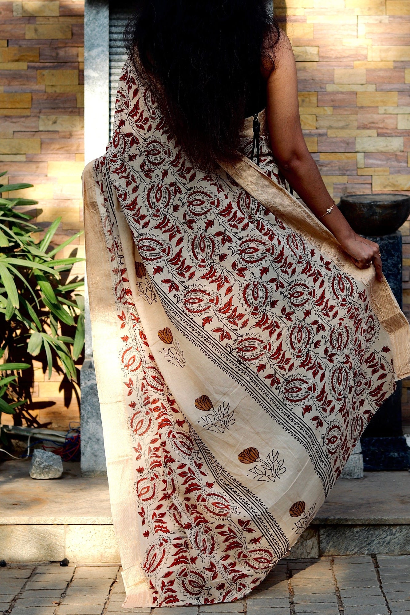 Beige Kalamkari Block Printed Mul Cotton Saree