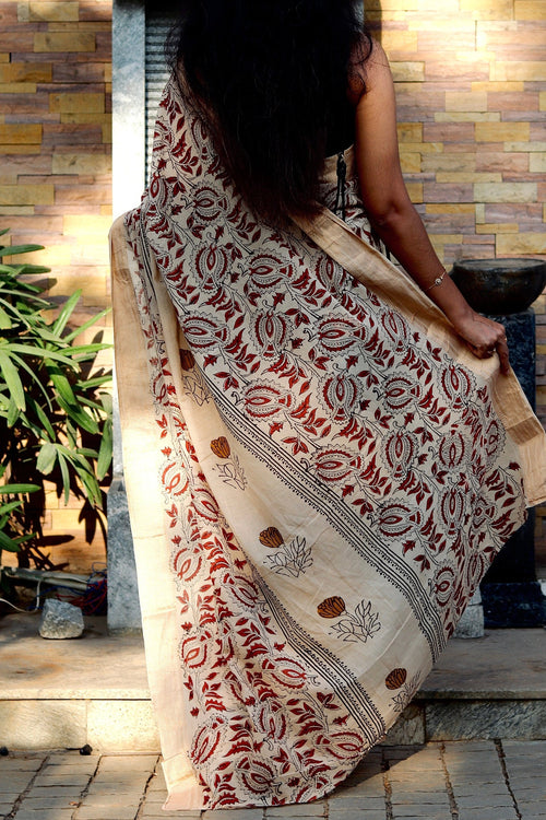Beige Kalamkari Block Printed Mul Cotton Saree