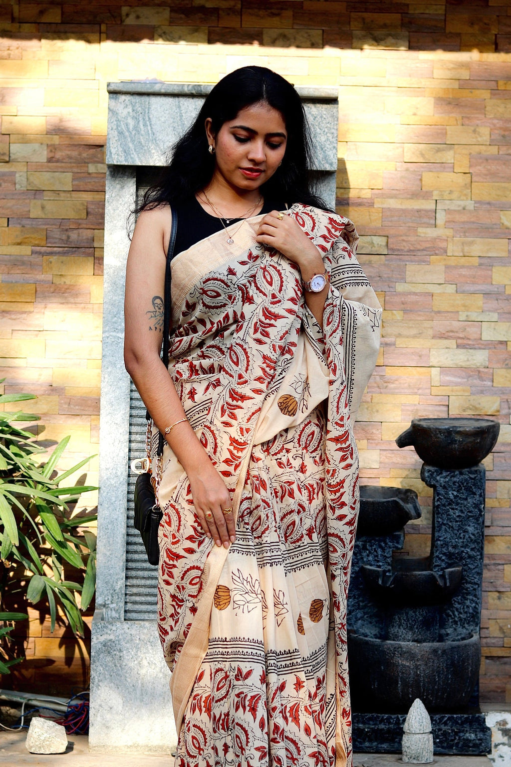 Beige Kalamkari Block Printed Mul Cotton Saree