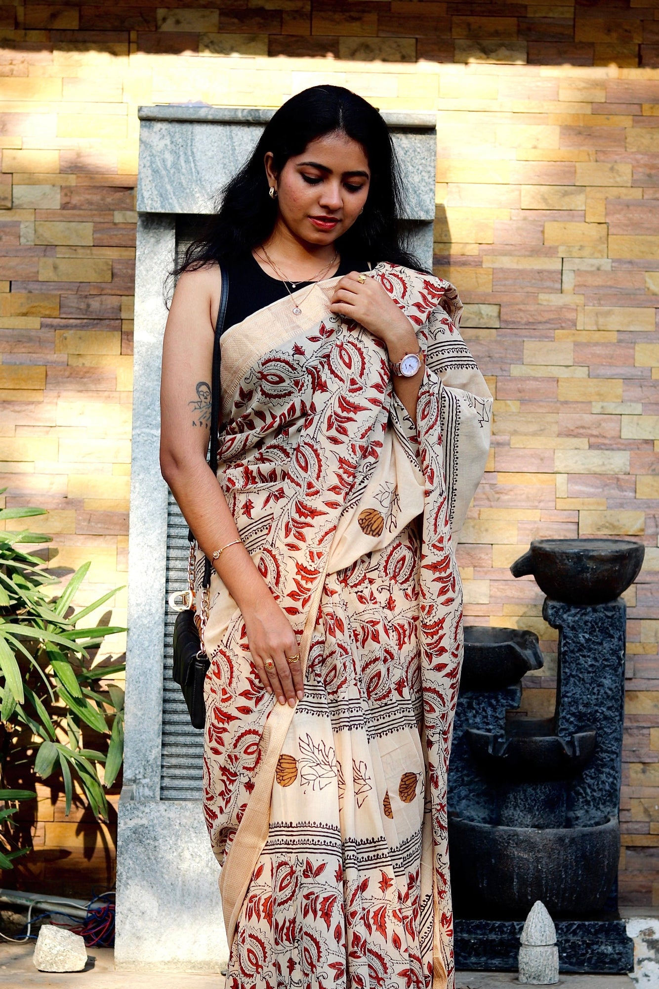 Beige Kalamkari Block Printed Mul Cotton Saree