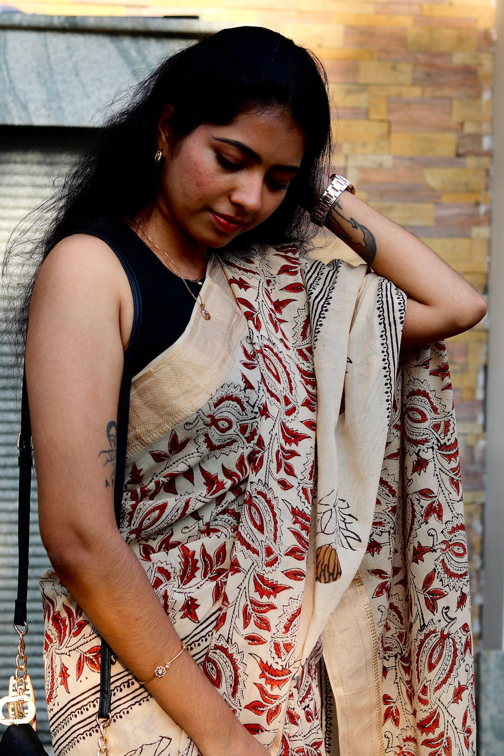 Beige Kalamkari Block Printed Mul Cotton Saree
